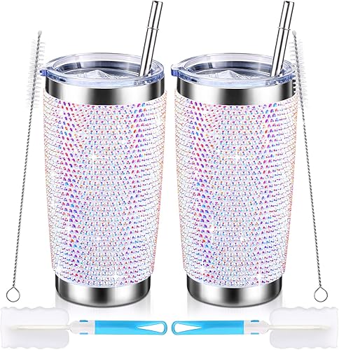 Miniatura 7 de 2 vasos de diamantes de imitación con tapa y pajita, botellas de agua con purpurina de 20 onzas, acero inoxidable aislado al vacío, taza de café
