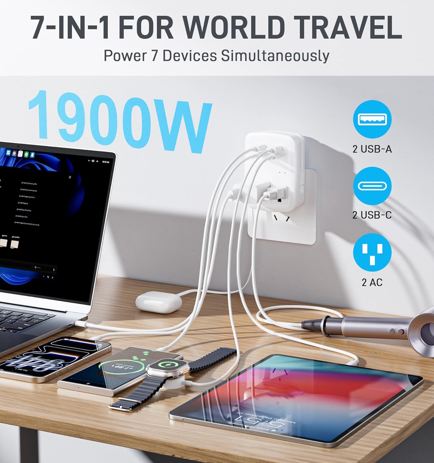 Universal Travel Plug Adapter European Worldwide Power Strip Type-C/G/I/A International Outlet Adapter Kit for UK, China, AU, Japan, HK, Brazil, for Laptop, Phone, Surge Protector Travel Essentials