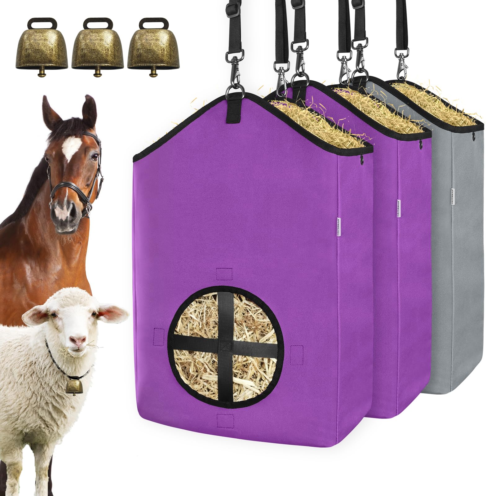 3 PCS Goat Hay Feeder,Hay Bags for Horses,Goats,Donkeys with Reinforced Oxford Fabric and High Strength Metal Clasp,Horse Feeding Supplies with