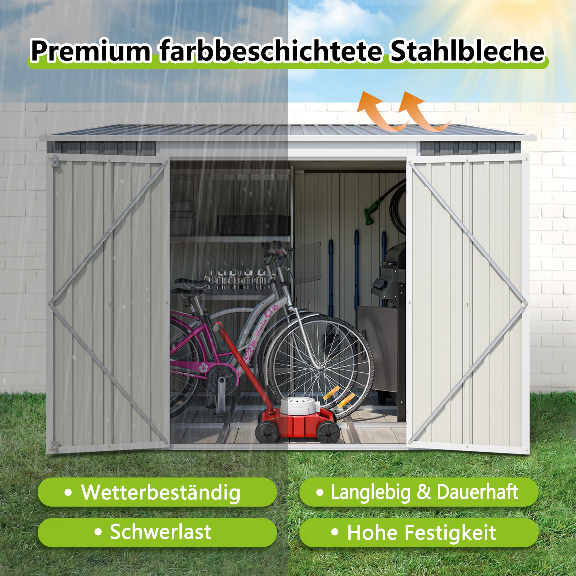 Verzinktes Gerätehaus 1,8x2,4 m – Metallschuppen mit Bodenrahmen, Schrägdach, abschließbarer Gartenschrank für Werkzeuge & Fahrräder