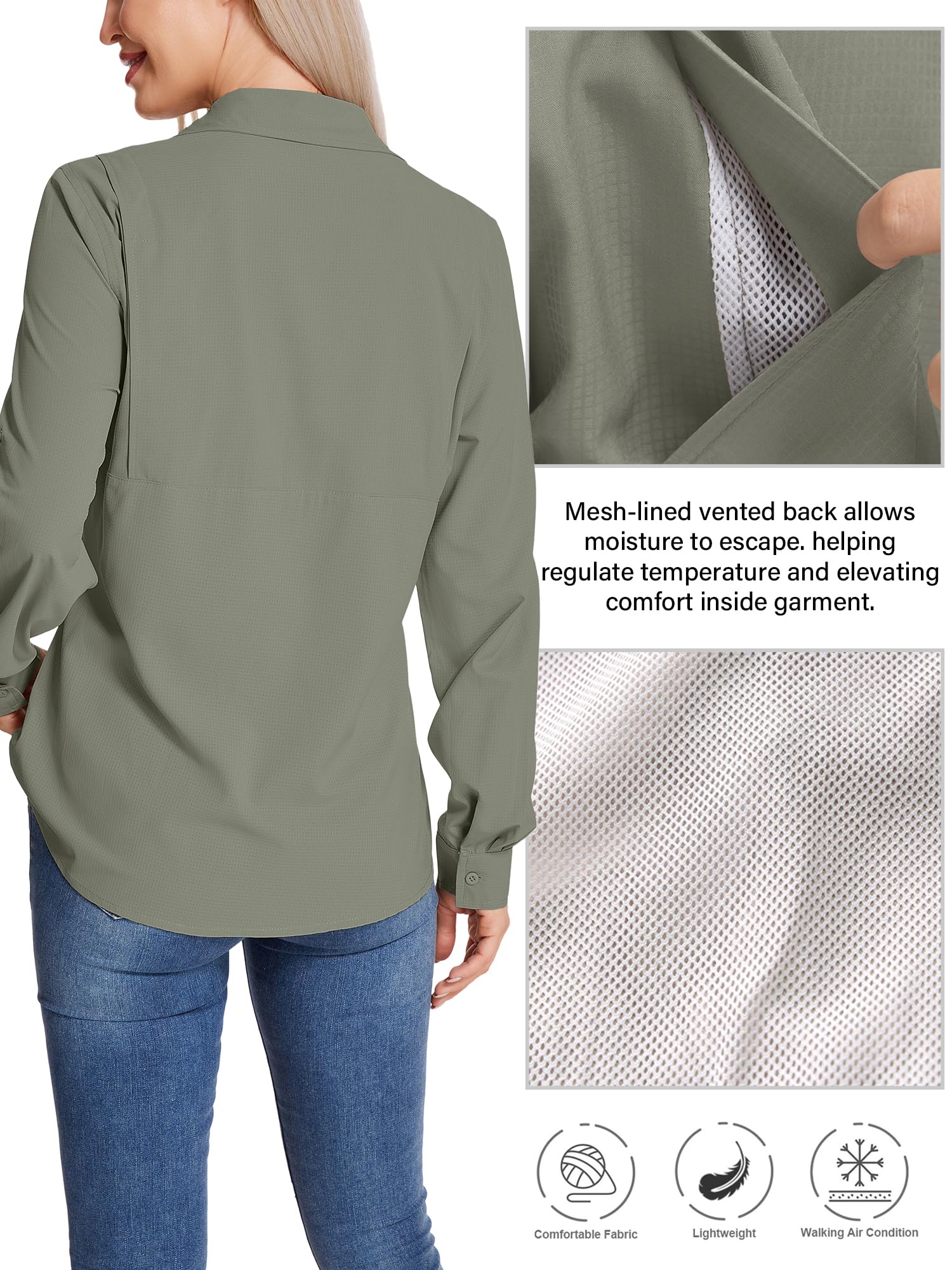 Camicia safari da donna UPF 50 con protezione solare UV ad asciugatura rapida, a maniche lunghe, per escursionismo, passeggiate, pesca, viaggi all'aperto