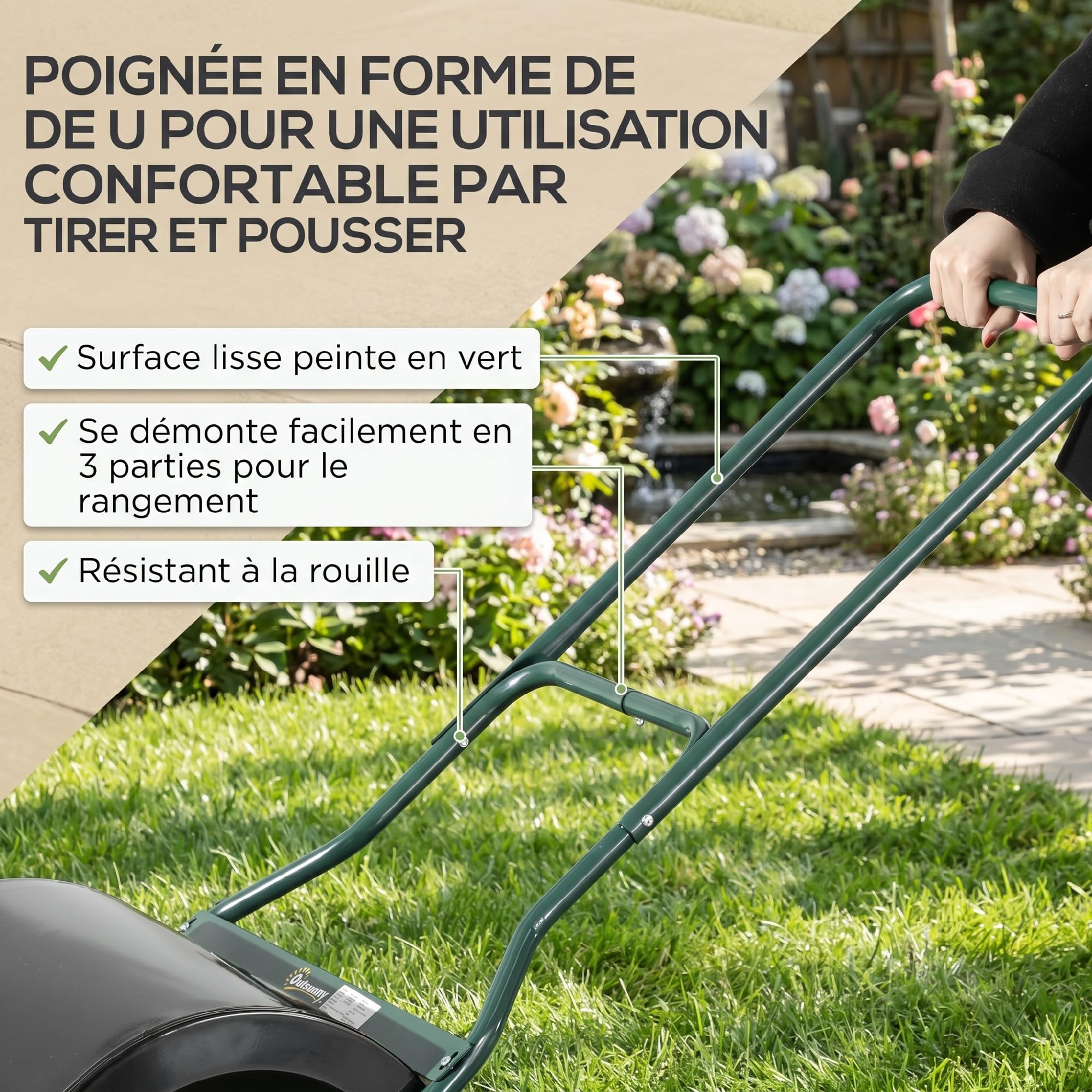 Outsunny Rouleau à Gazon Rouleau de Jardin 50 cm remplissable avec 60 L d’Eau ou de Sable, poignée Ergonomique, Outil de Jardinage pour pelouse, Patio et Parc, Noir et Vert