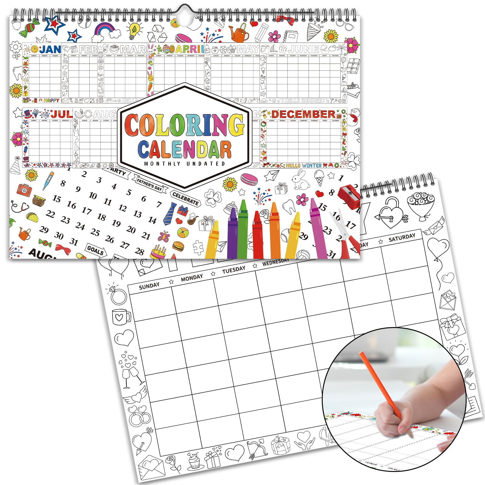 Dianelhall 2025 Coloring Book Wall Calendar 16 x 11 Inch 12 Months Coloring Undated Calendar with Stickers Monthly Wall Yearbook for Home Classroom Interactive Learning Supply
