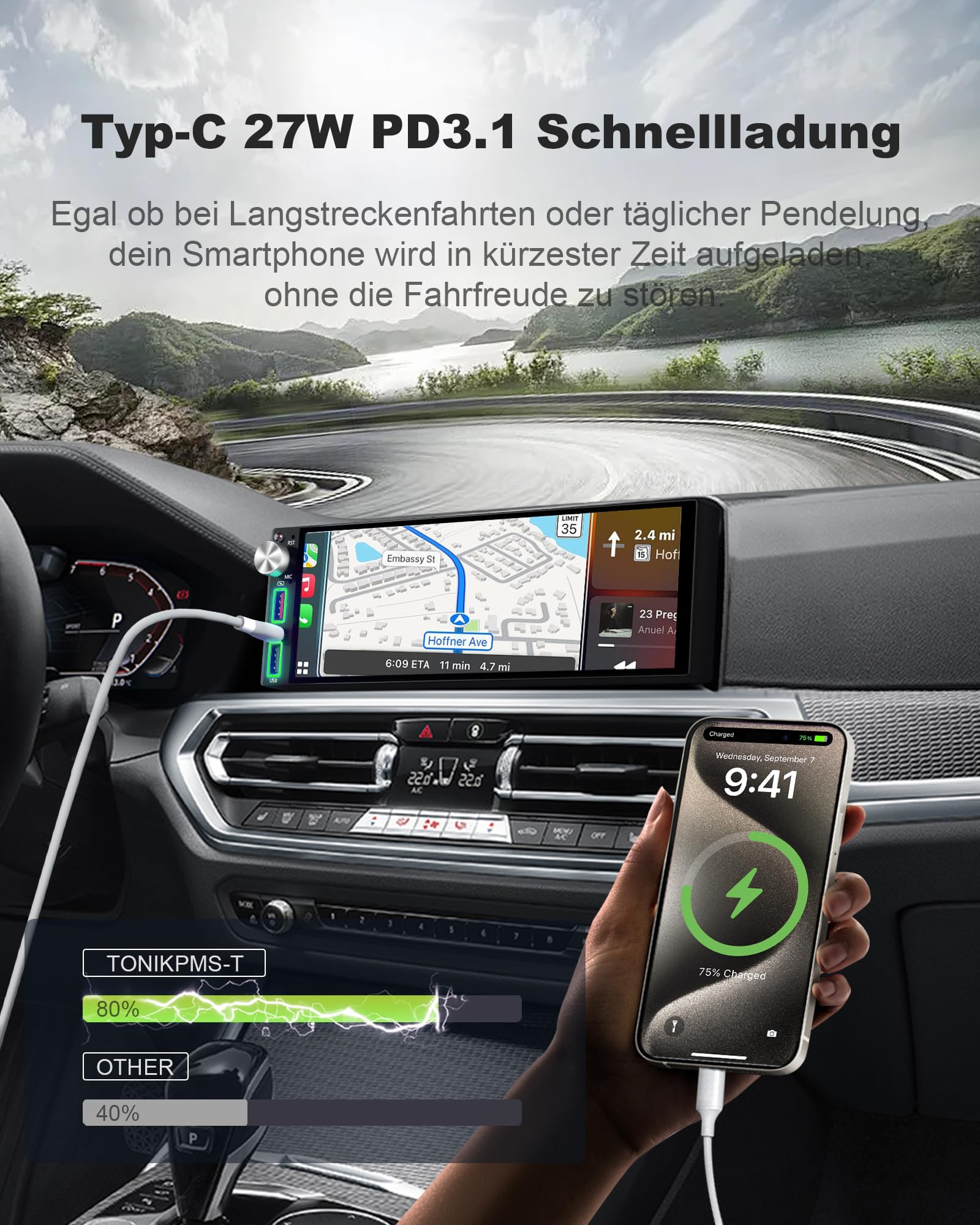 DAB/DAB+ 6,8 Zoll 1 DIN HD Autoradio mit Drahtlosem CarPlay & Android Auto, Type-C Schnellladung, DSP, Voice Control, AHD Rückfahrkamera &Mikrofonunterstützung, Bluetooth 5.2, AM/FM/RDS, AUX, SWC