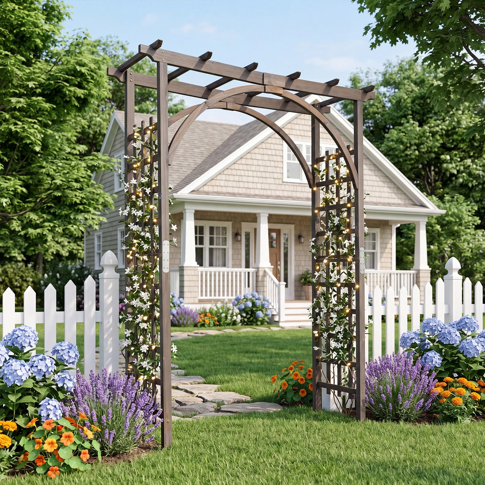 HOMASIS Arche de Jardin en Bois pour Plantes Grimpantes，Marron：160x60x216cm | Arche à Rosiers Treillis, Support Pergola de Jardin Décoration Entrée Allée Patio Arrière-Cour