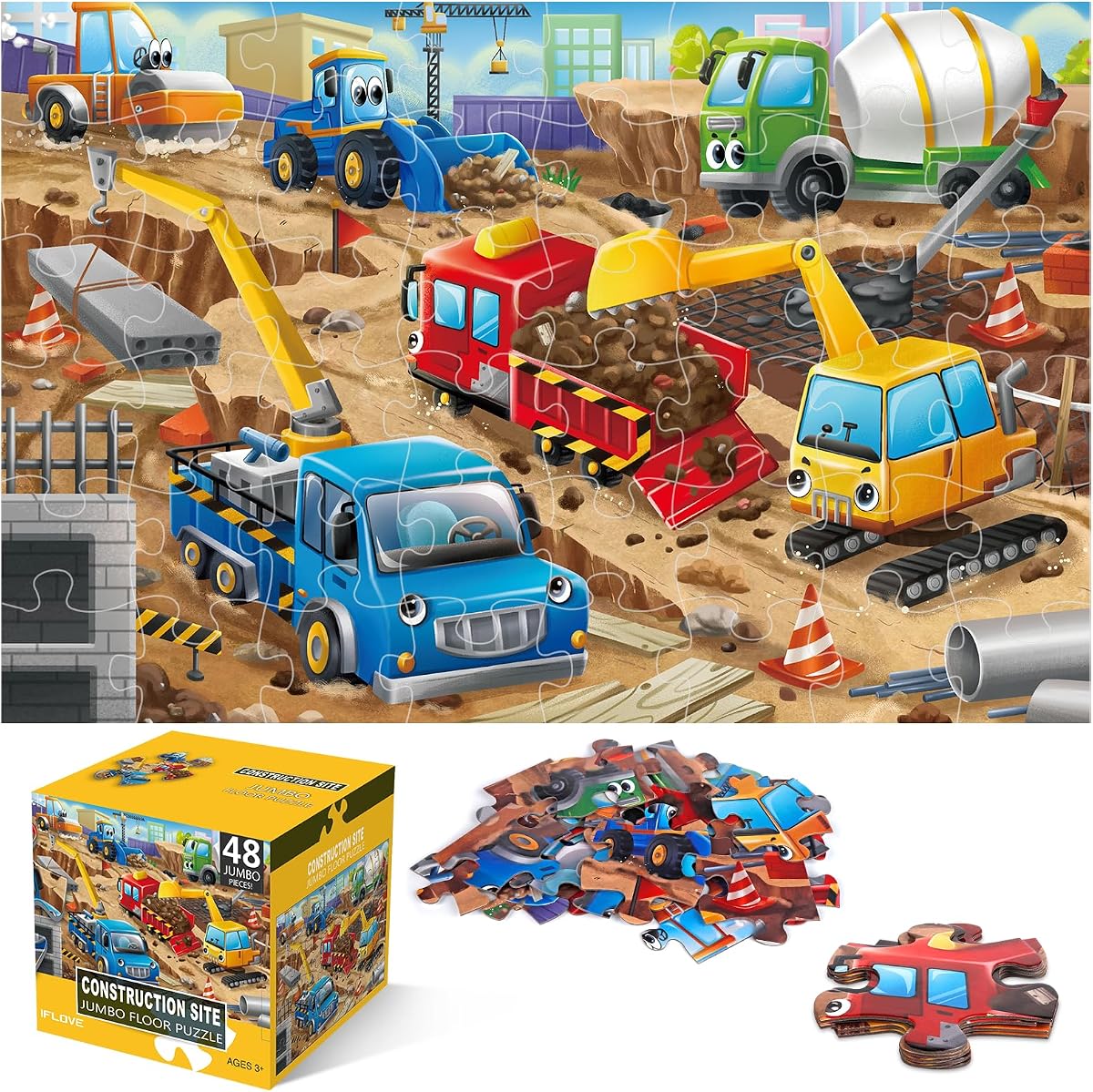 Rompecabezas de piso gigante para niños,Rompecabezas de sitio de construcción de 48 piezas | Rompecabezas de vehículos de construcción, cartón extragrueso, juguete de aprendizaje preescolar, 35x24 pulgadas completado, regalo para niños y niñas de 3 a 8 años