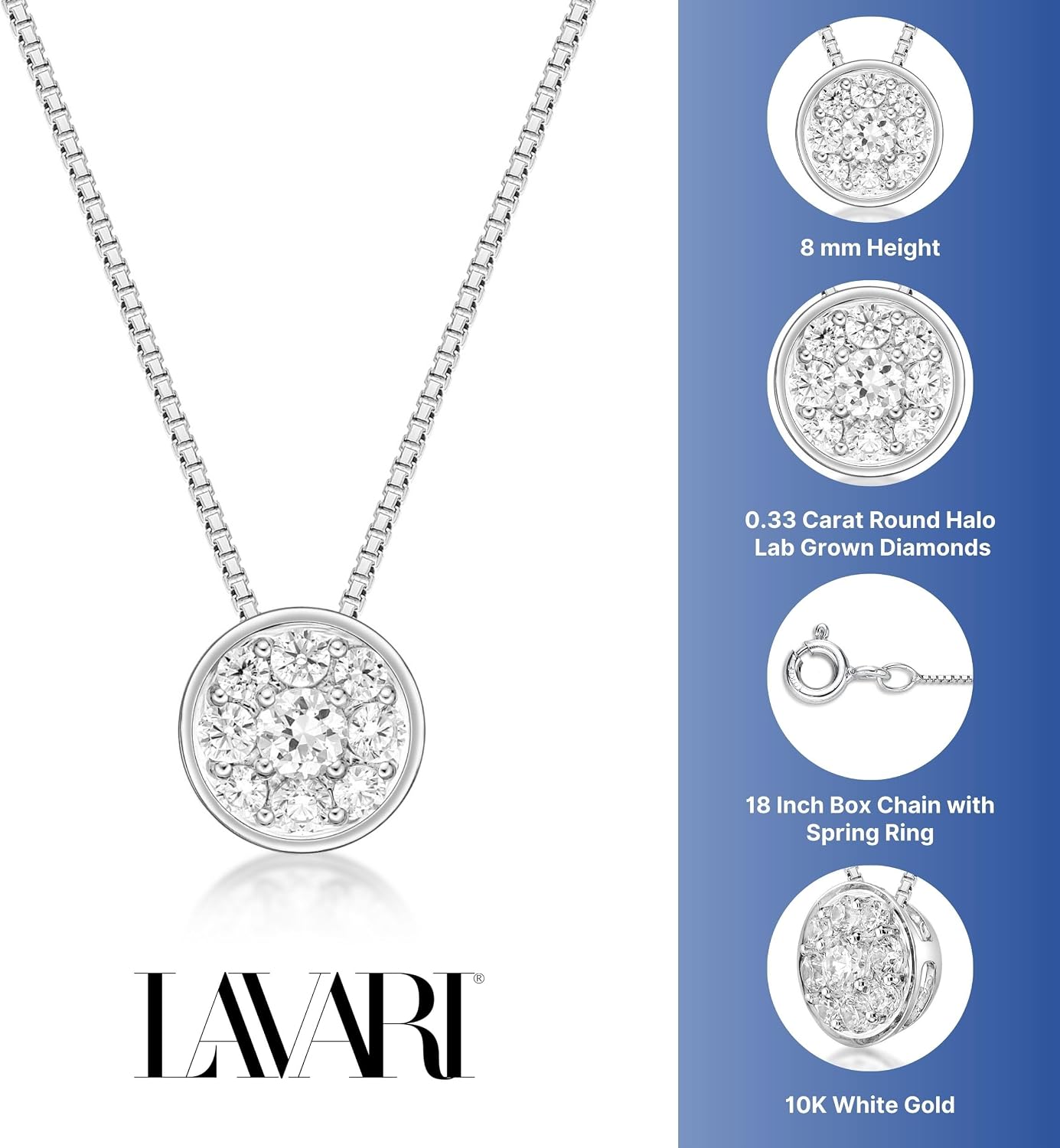 Lavari Jewelers 1/3 Carat Lab Grown Diamond Round Pendant Necklace for Women in 10k White Gold on 18 Inch Chain (G-H, VS2-SI1, cttw) Spring Ring