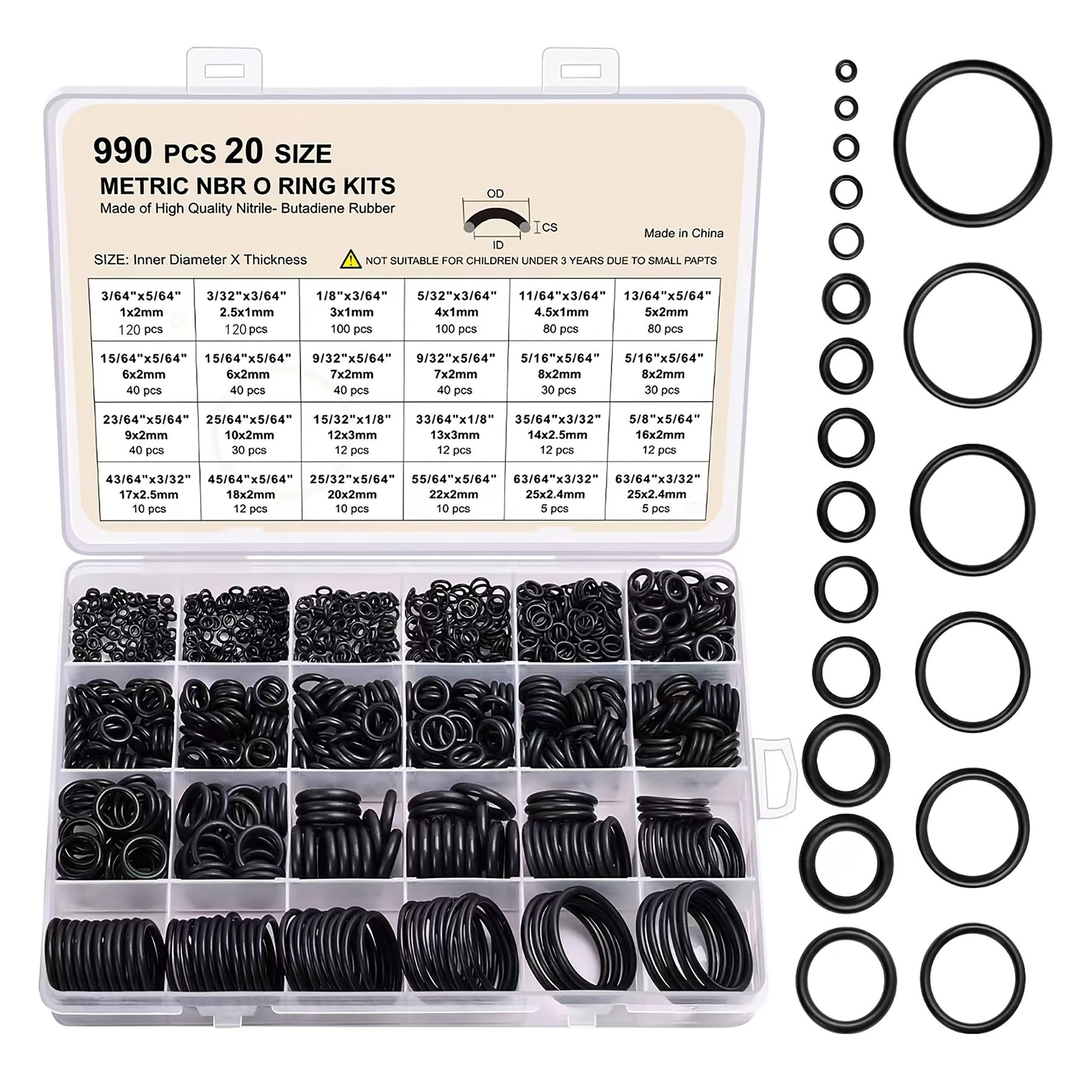 990pcs O-ring Seals, 20 Sizes Nitrile Rubber O-Ring Seals Gaskets Washers Assortment