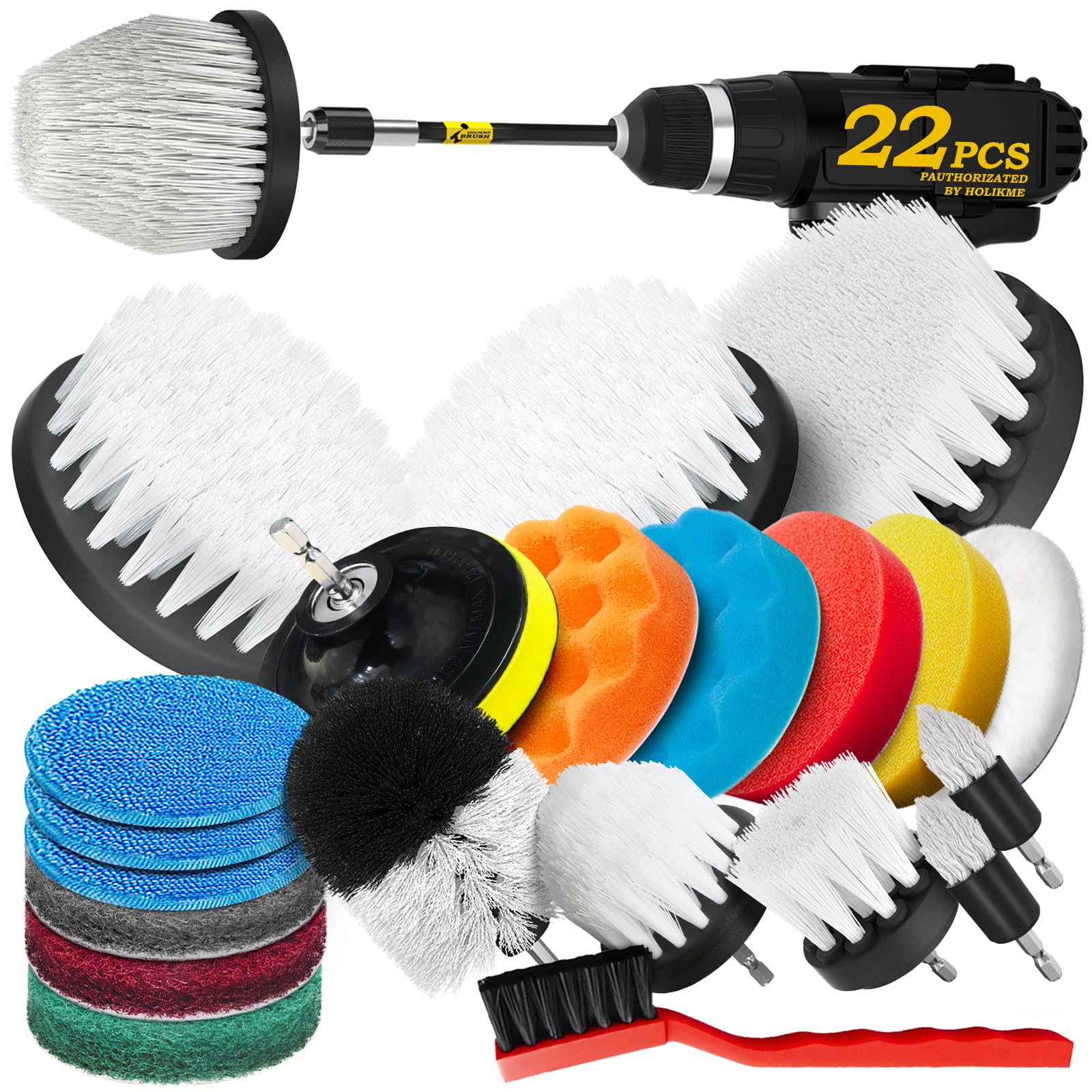 Holikme 22Pack Drill Brush Attachments Set, Scrub Pads & Sponge, Buffing Pads, Power Scrubber Brush, Car Polishing Pad Kit,Wax Applicator Pad,Car Cleaning Kit,Cleaning Supplies,Masonry Brushes,White