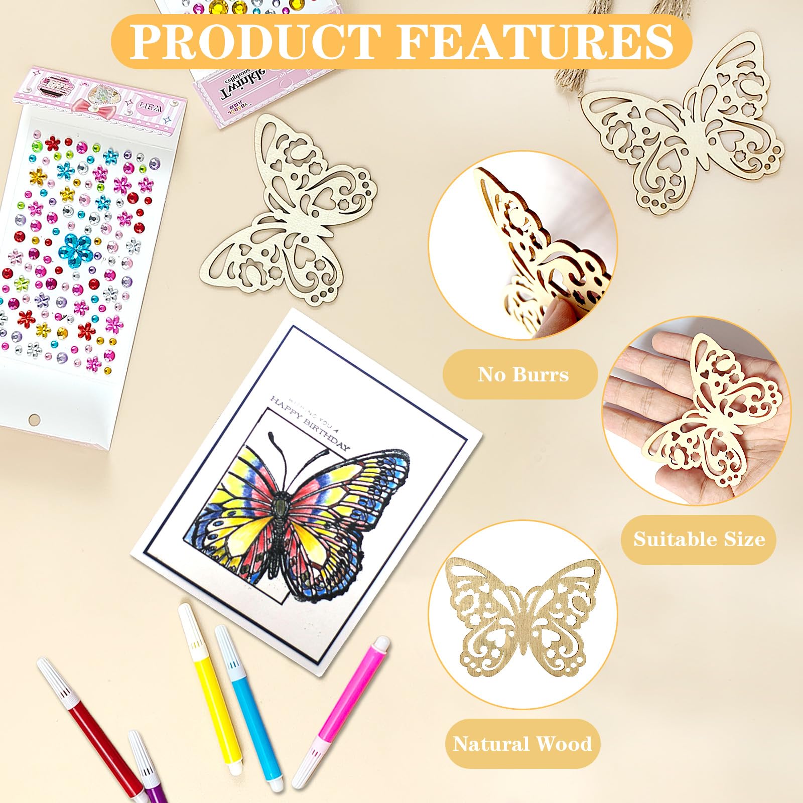 YFPOPONE 48 Pcs Wooden Craft Shapes,32 Pcs Hanging Wooden Decor 4 Pcs GemStickers 12 Pcs Watercolour Pencils,Wood Blank Unfinished Wood Cutouts with Hole for DIY,Blank Crafts for Ornament Kits - Image 3