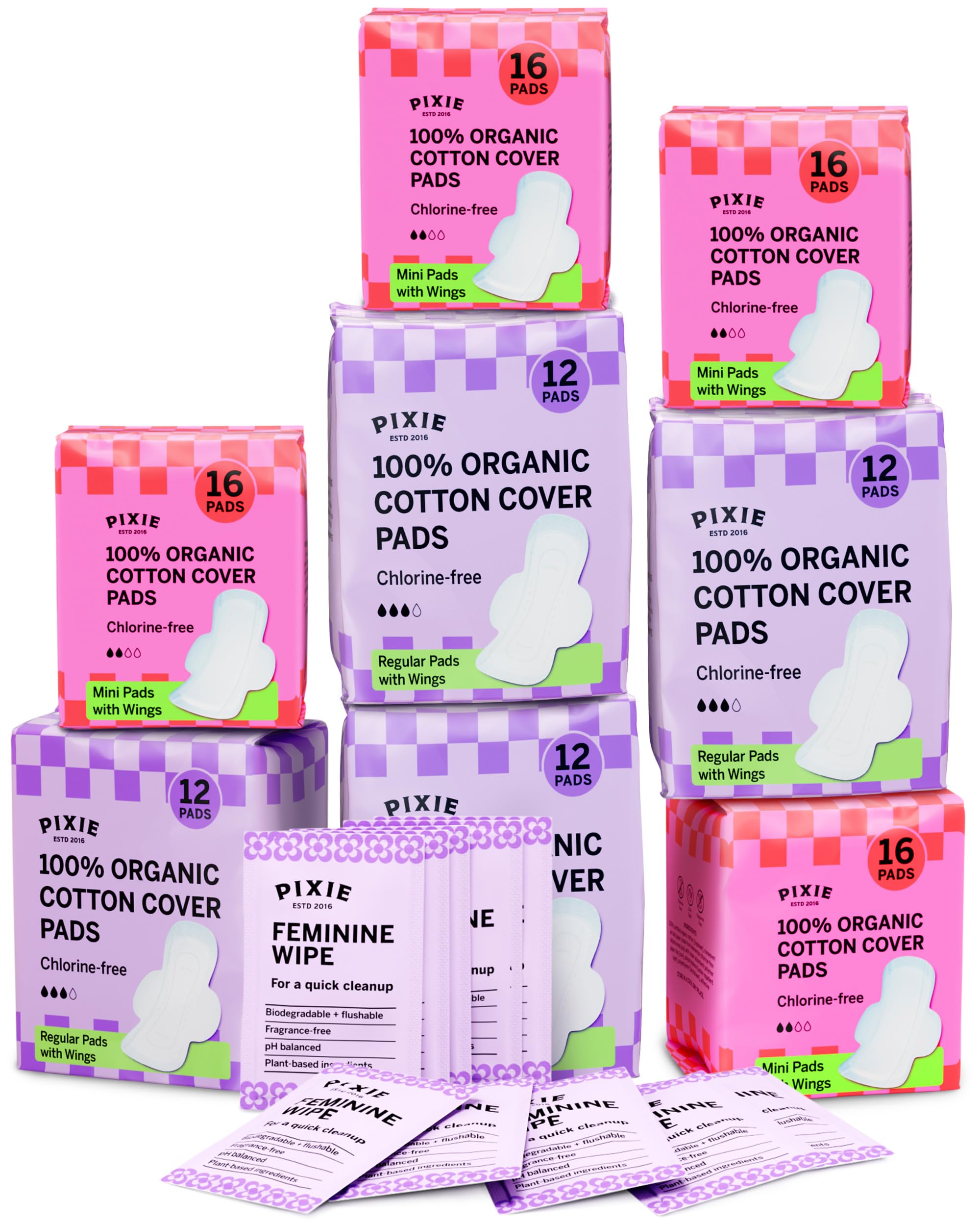 Pixie Organic Cotton Pad Kit for Girls 64ct Mini 48ct Regular Pads with Wipes Leak-Proof with Wings Perfect