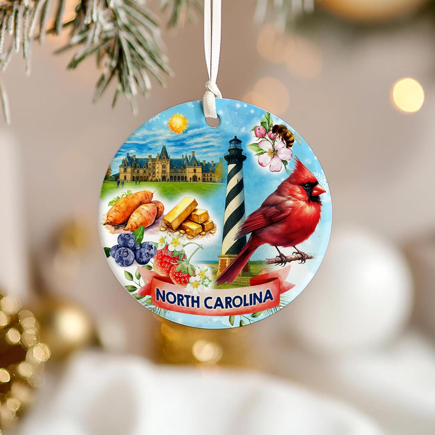 North Carolina State Christmas Ornament 2025 – Biltmore Estate, Cape Hatteras Lighthouse, Red Cardinal Bird, Apple Blossom, Sweet Potato & State Symbols – Ceramic Travel Souvenir - Image 6