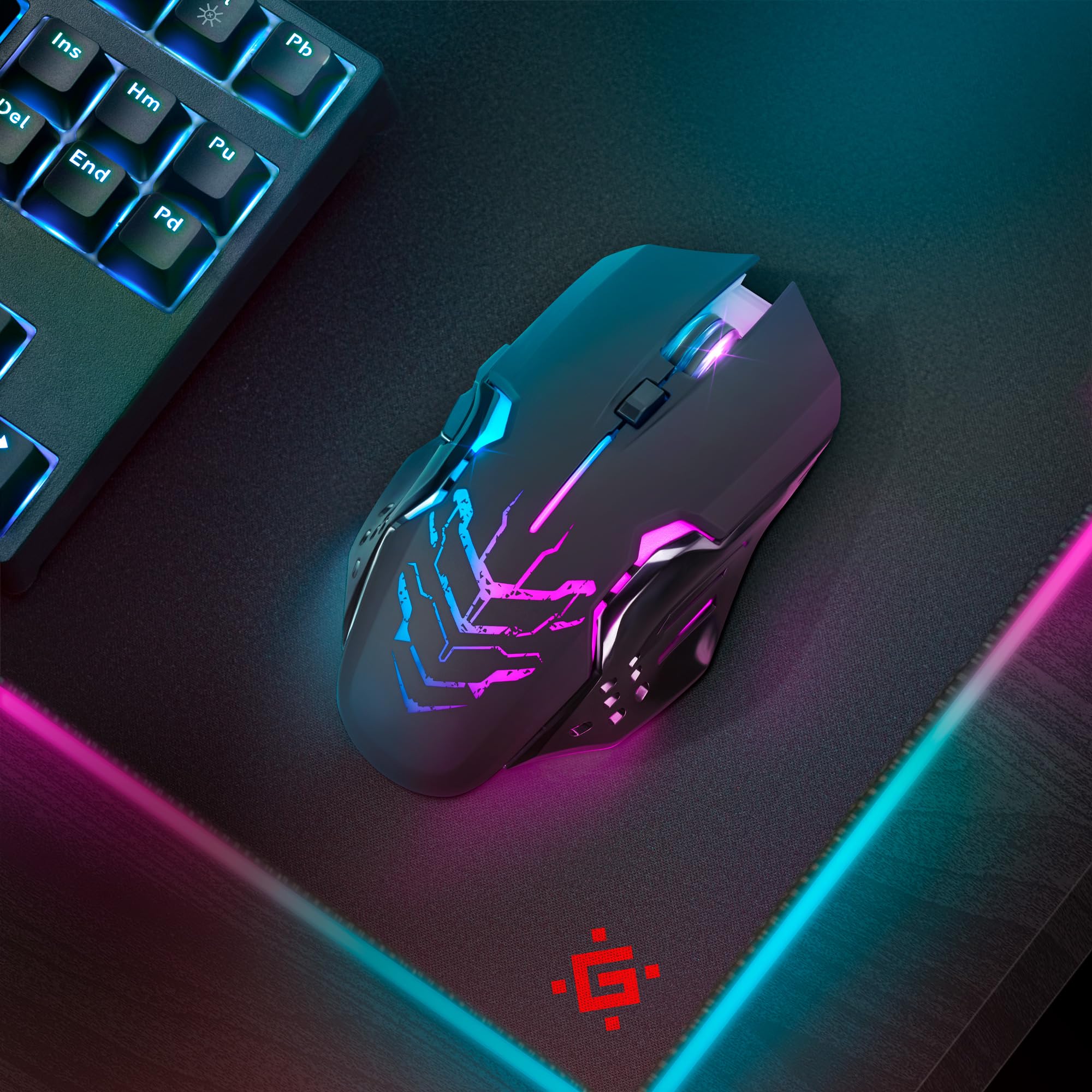 Defender® Katana - Ratón inalámbrico para gaming, clics silenciosos, 5 botones programables, iluminación RGB (on/off), hasta 240 horas de duración de la batería - Ratón inalámbrico gamer para PC, Mac,