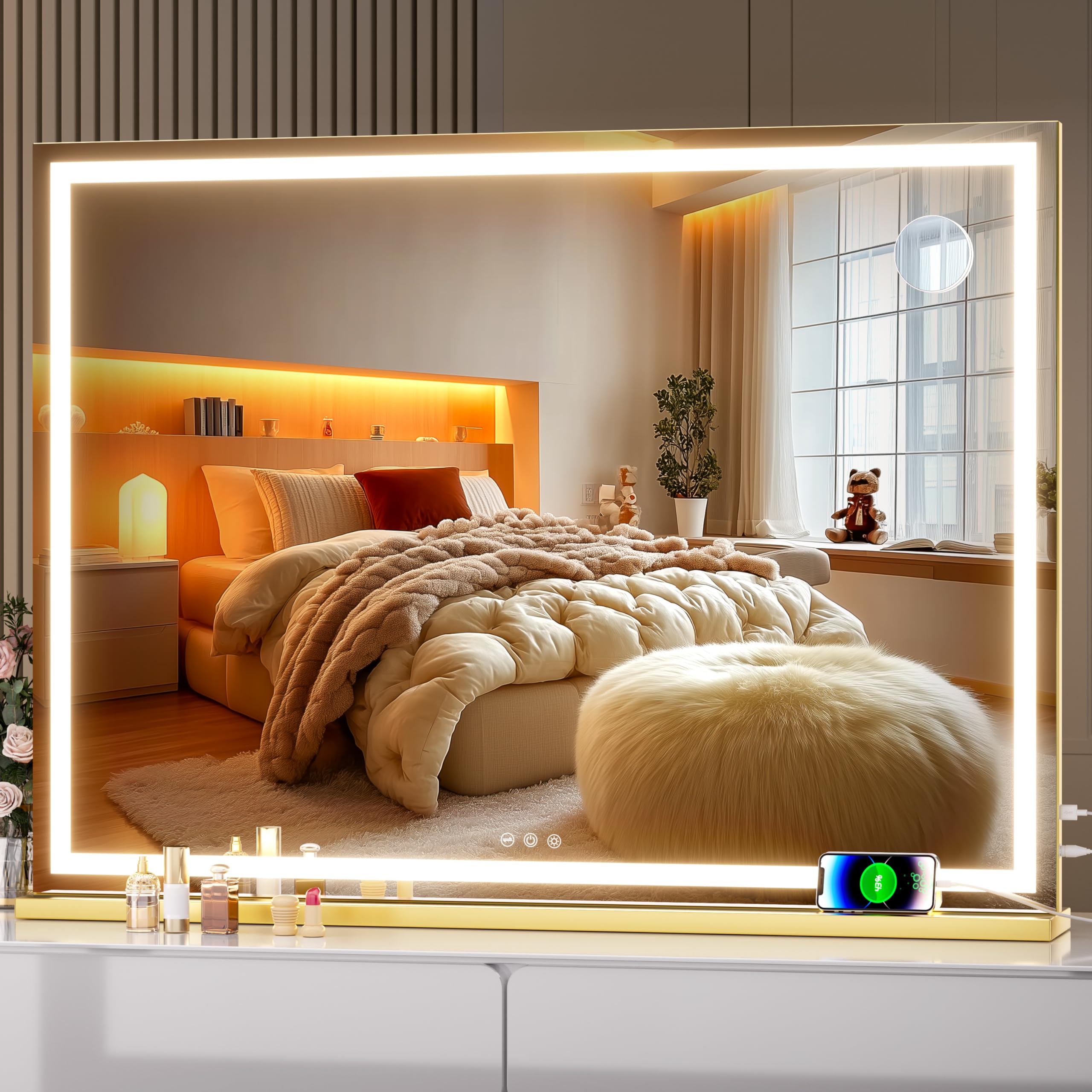 Hasipu Vanity Mirror with Lights, 100 x 75cm LED Makeup Mirror, Lighted Makeup Mirrors with Dimmable 3 Modes, Touch Screen Control Vanity Mirrors Square Gold