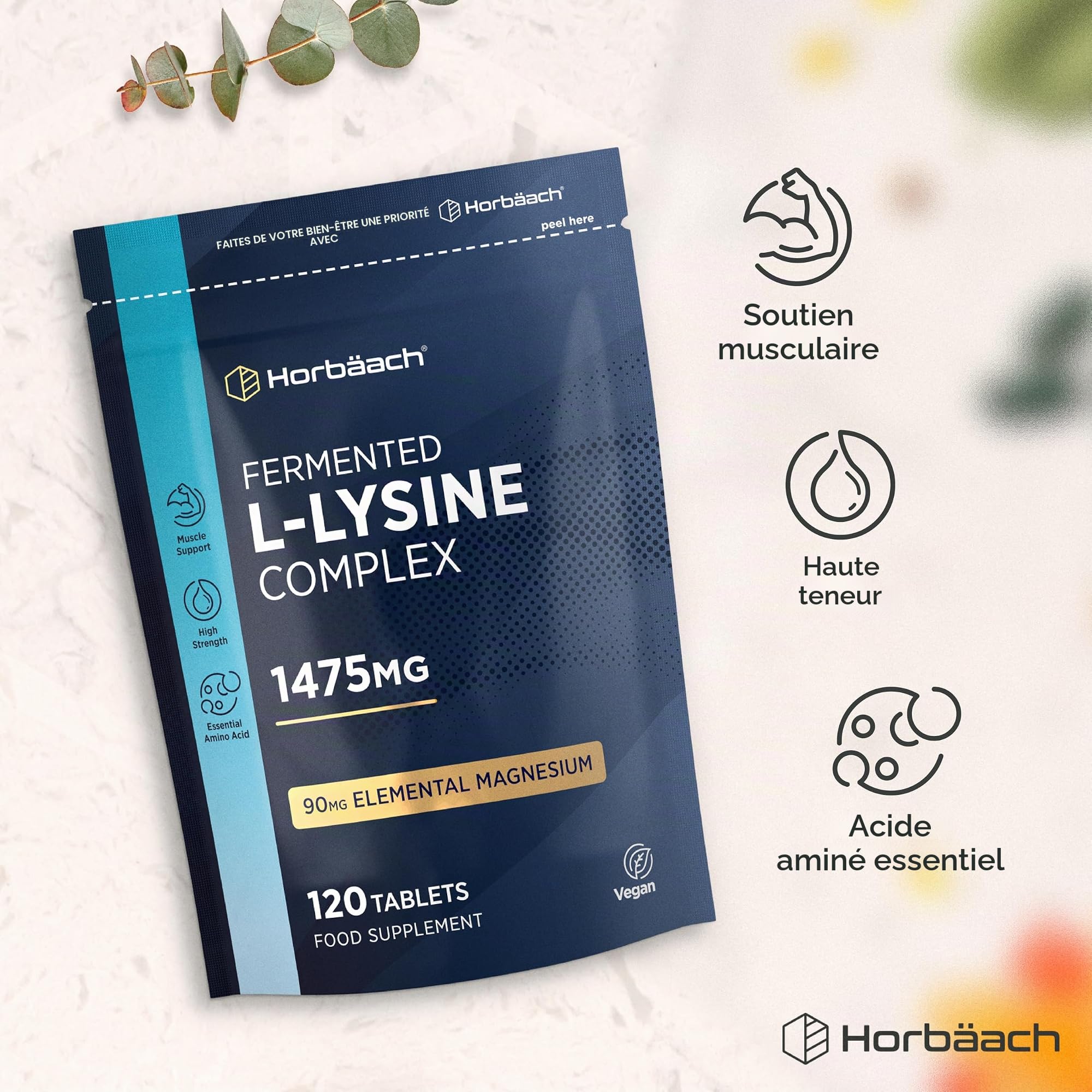 L-Lysine 1475mg par Dosé Journalière - Acide Aminé | 120 Comprimès Vegan | Complément Alimentaire Hautement Dosé | par Horbaach