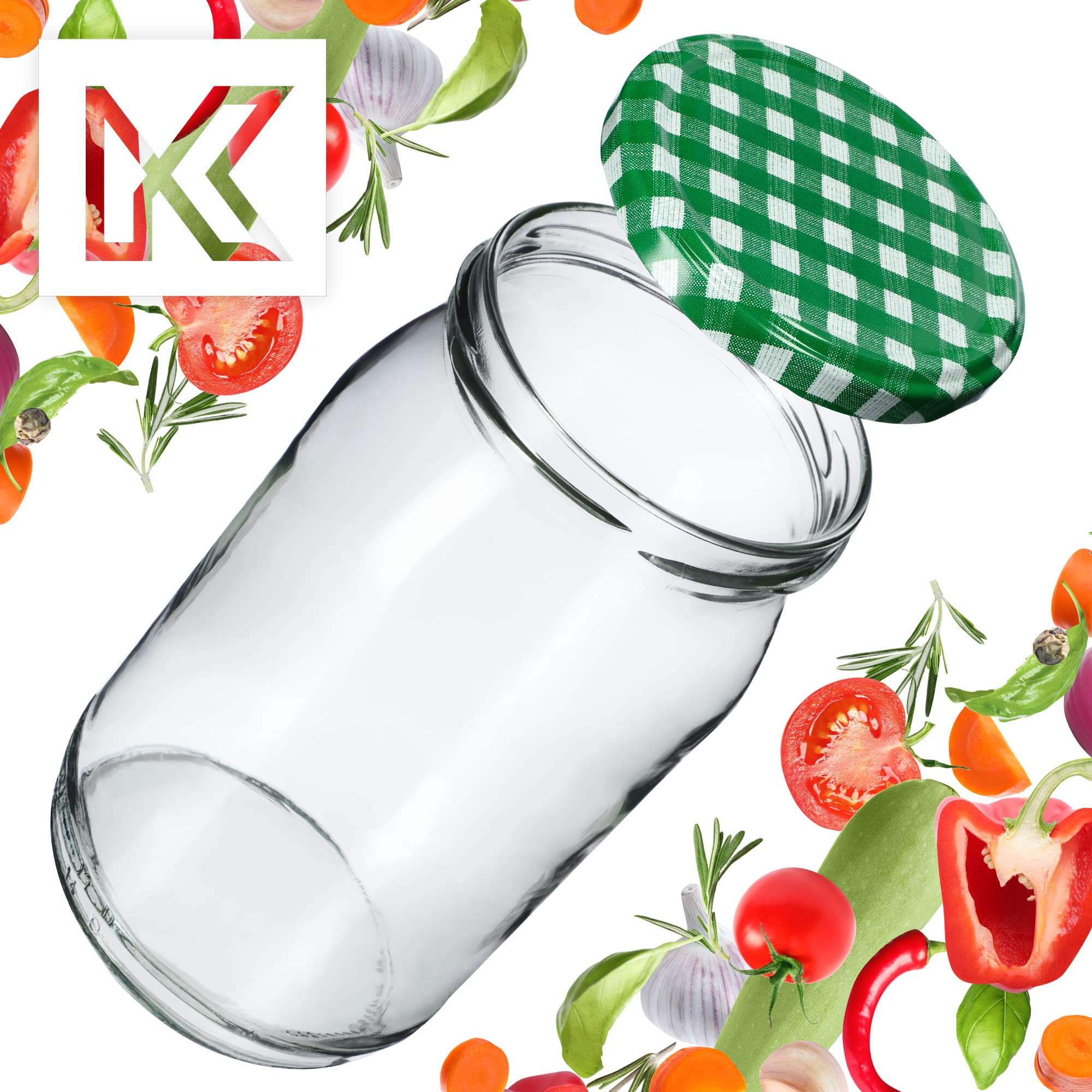 KADAX grandi barattoli in vetro 900ml Ø82 a quadretti verdi – tappo a vite ermetico, per conserve, sottaceti, verdure lacto-fermentate e marmellate fatte in casa