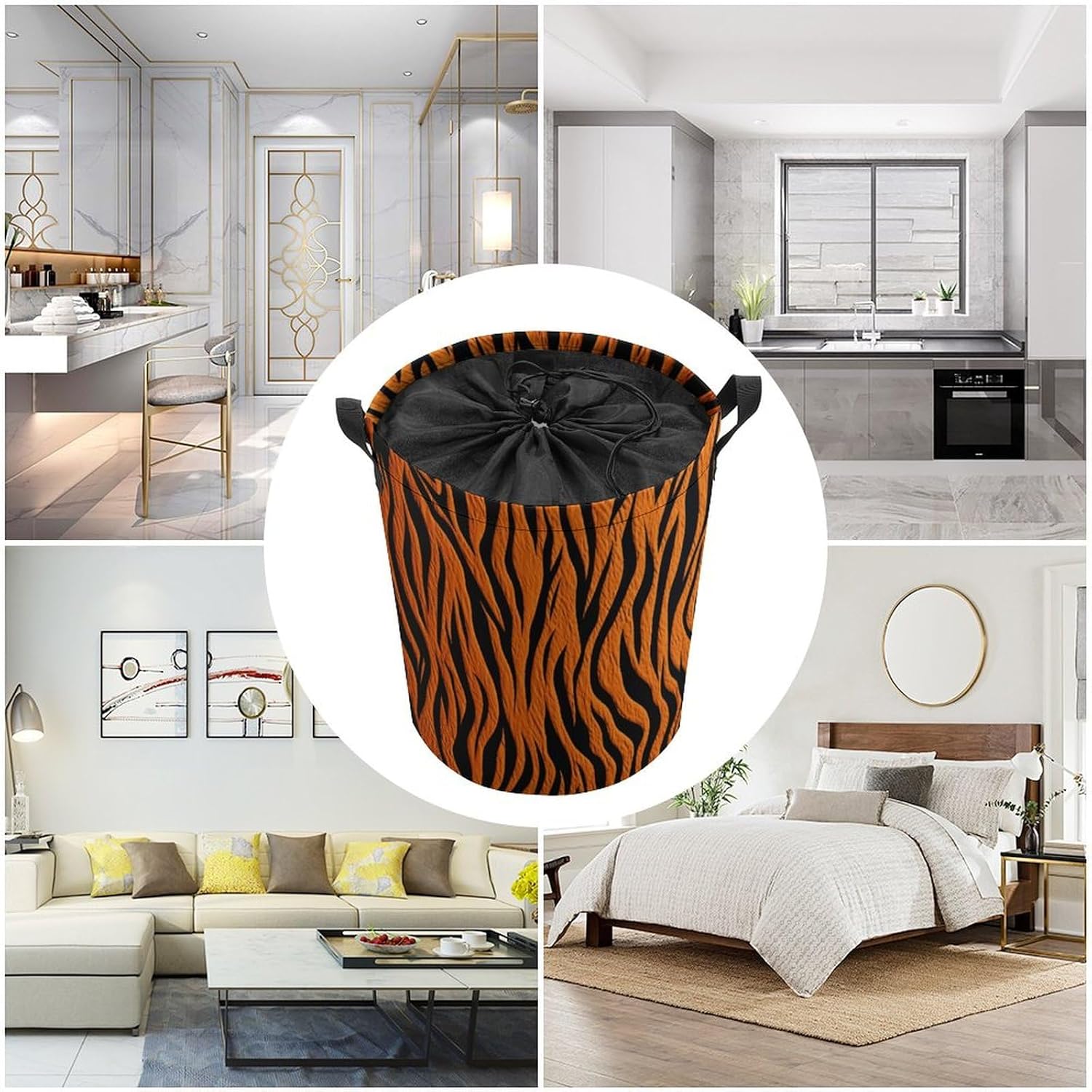 Tiger Stripes Orange Laundry Basket with Lid Collapsible Waterproof Laundry Hamper Large Drawstring Clothes Hamper Storage Bin with Handles for Home Bathroom Bedroom Dorm 17.3 x 17.3 Inch