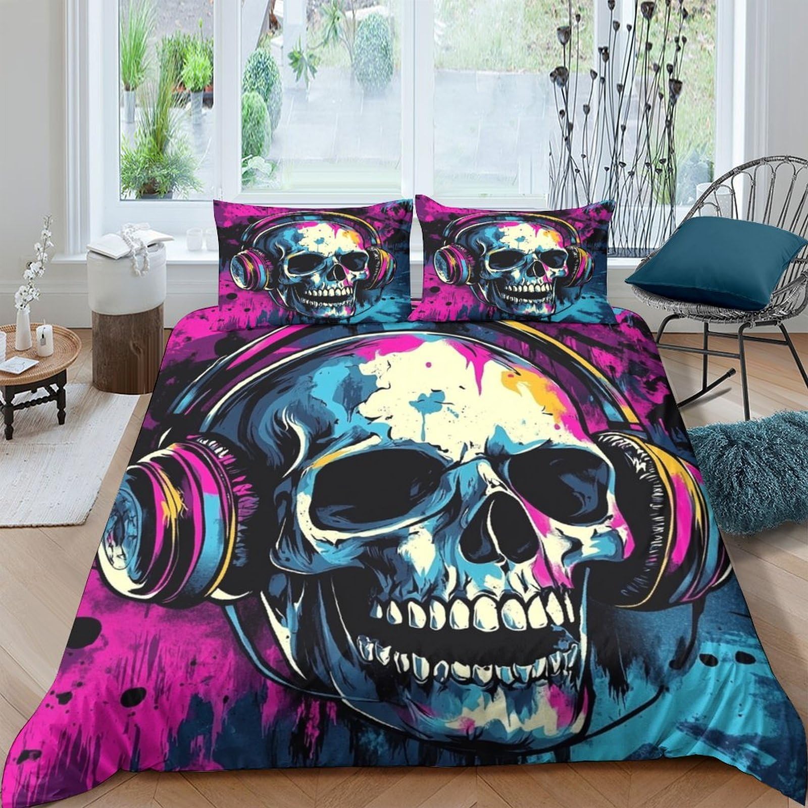 Ctjqhvkz Style-6 3D Printed Skull Headphones Fitted Sheet Microfiber Vibrant Graffiti Bed Sheet For Bedroom Dorm Decor Mattress Protection Single（135X200cm）