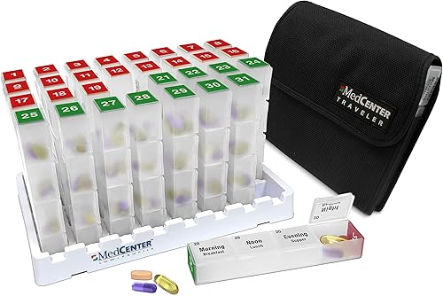 Medcenter Organizador mensual de medicamentos XL de perfil bajo con viajero semanal XL