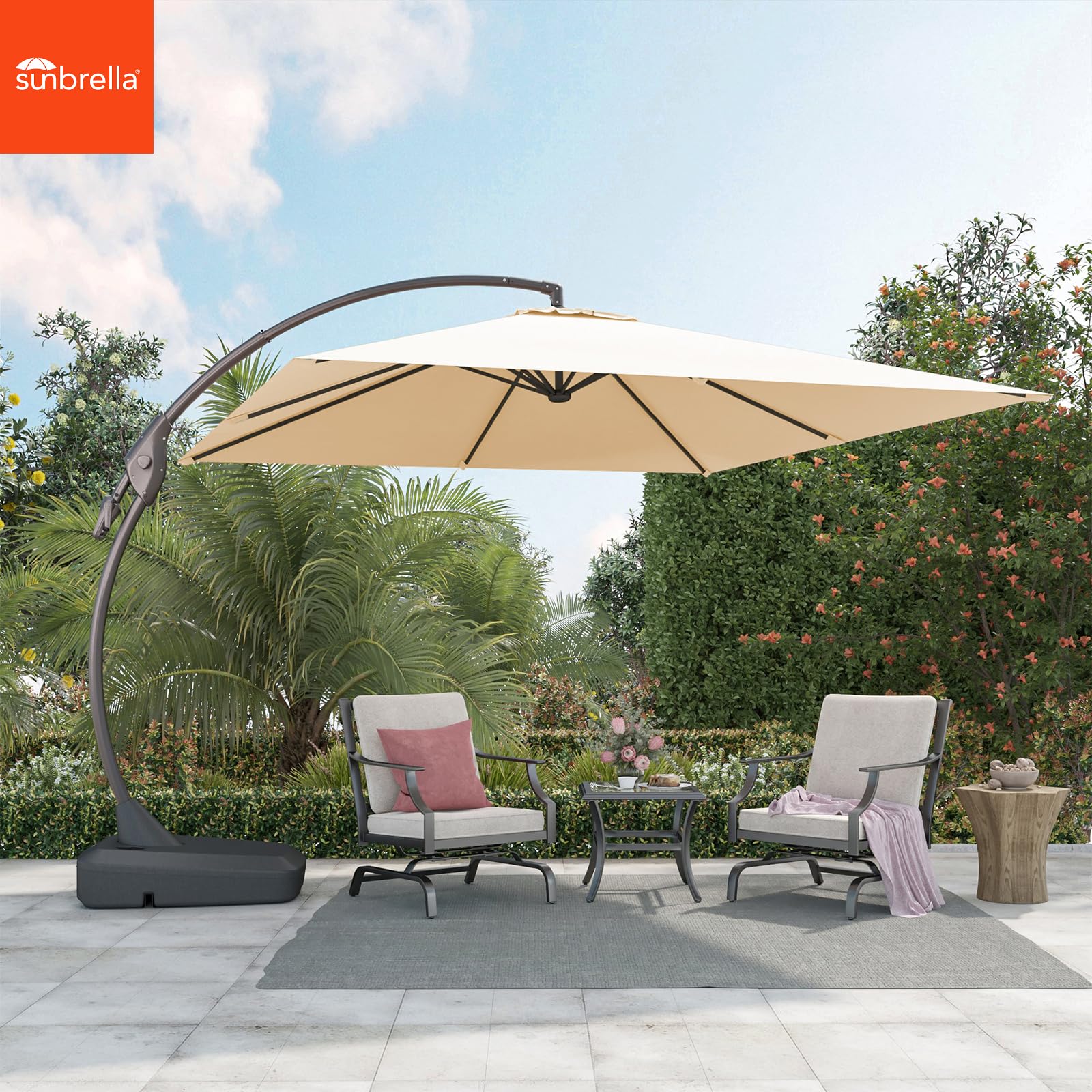 Grand patio 10X10 FT Sunbrella Offset Umbrella with Base Outdoor Square Aluminum Hanging Cantilever Umbrella with Easy Tilt Adjustment (Flax, 10X10 FT-SUNBRELLA) : Patio, Lawn & Garden