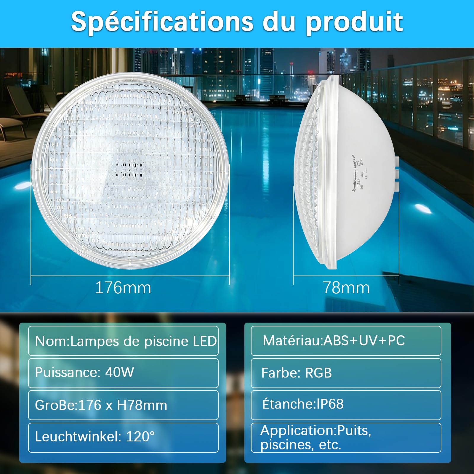 Eclairage Piscine LED Lumières Sous-Marines, PAR56 Lampe Piscine Projecteur, LED Submersible Piscine, 40W RGB Synchronisation Externe Pool Light, 12V AC IP68 Lampe de Etanche