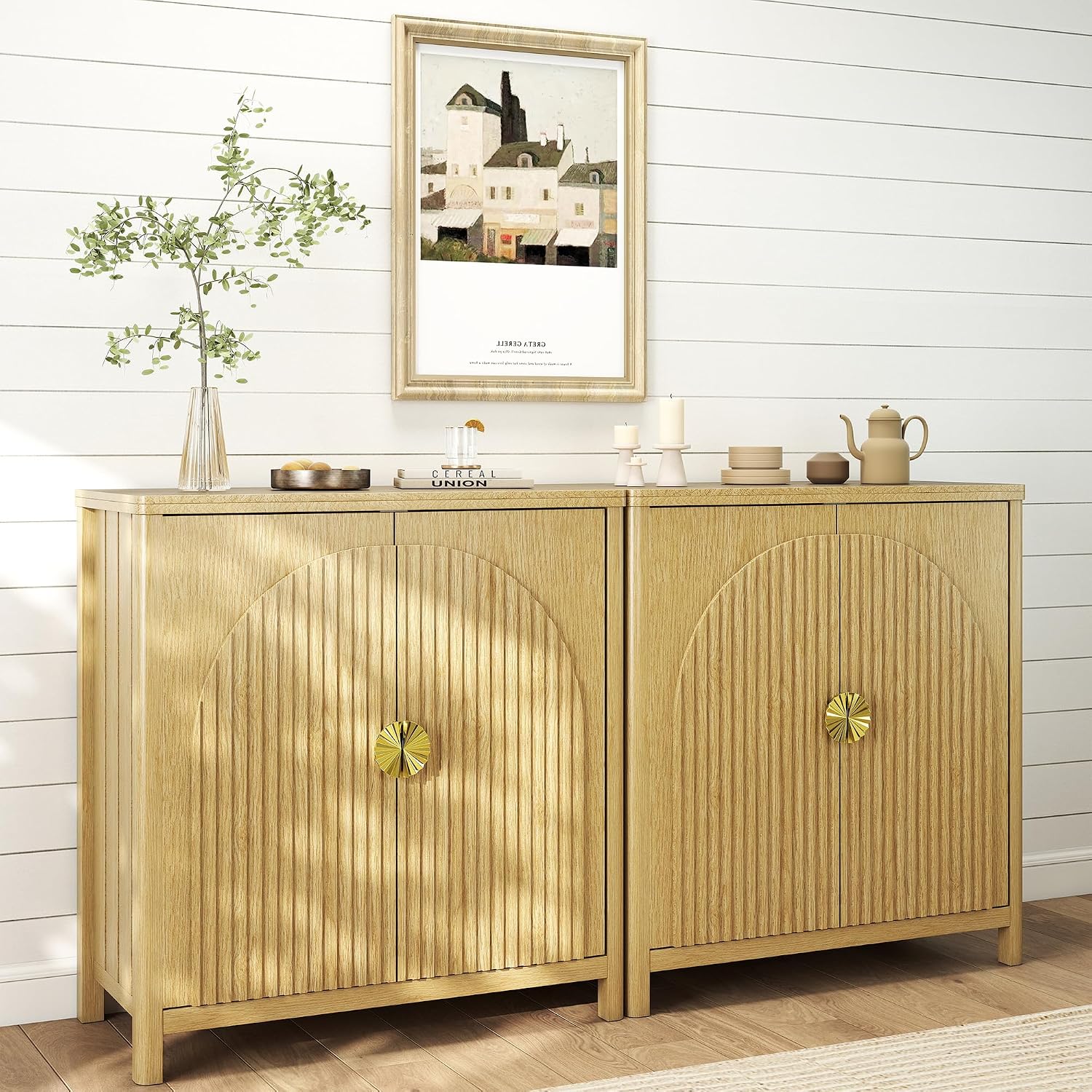 Buffet Cabinet - Kitchen Storage with Adjustable Shelves Wood and 2 Fluted Doors 31.5” Farmhouse Style Coffee Bar Wine Bar for Kitchen, Entryway, Wood