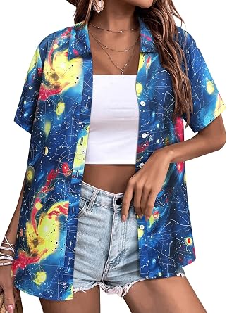 Womens Space Button Down Shirt Funny Astronaut Planet Galaxy Graphic Blouse | Universe Solar System Graphic Tees, Space Outfit, Science Teacher Tshirt, Celestial Clothing, Lapel Collar, Short Sleeve