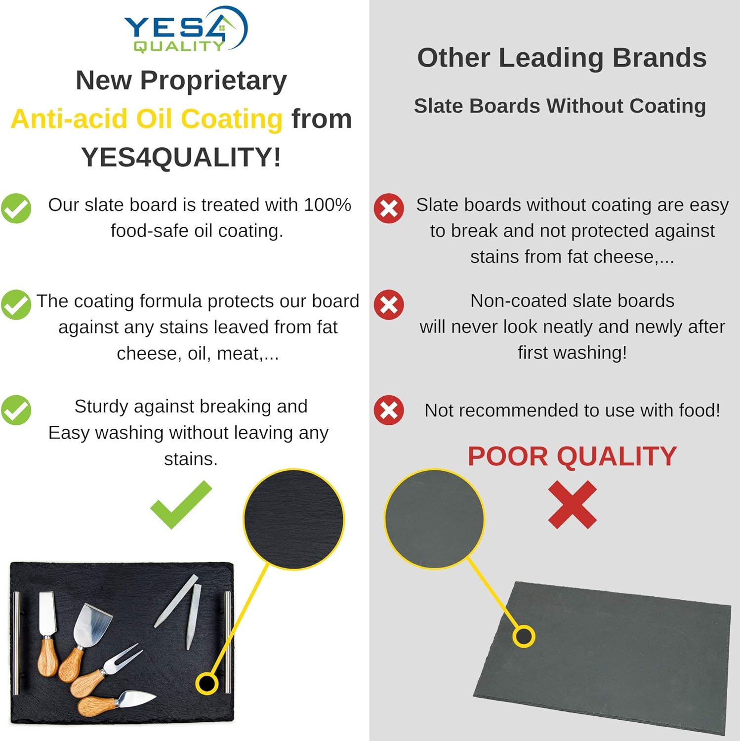 50% Off Discount Slate Cheese Board Set - Deluxe Cheese Serving Tray with Stainless Steel Handles - Includes 4 Cheese Knives and 2 Soapstone Chalks - Great for Home & Restaurant Cheese Tapas & Appetizers Serving