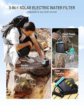 BKLES 3-in-1 Solar Electric Water Filter with Hand Pump - Camping Water Filtration System Survival, Portable Water Purifier with Emergency Light, Survival Kit for Backpacking, Birthday Gifts for Men