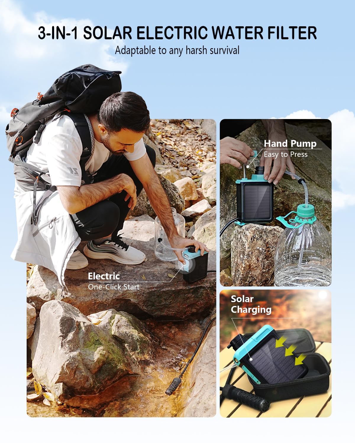 BKLES 3-in-1 Solar Electric Water Filter with Hand Pump - Camping Water Filtration System Survival, Portable Water Purifier with Emergency Light, Survival Kit for Hiking Travel Backpacking Hunting