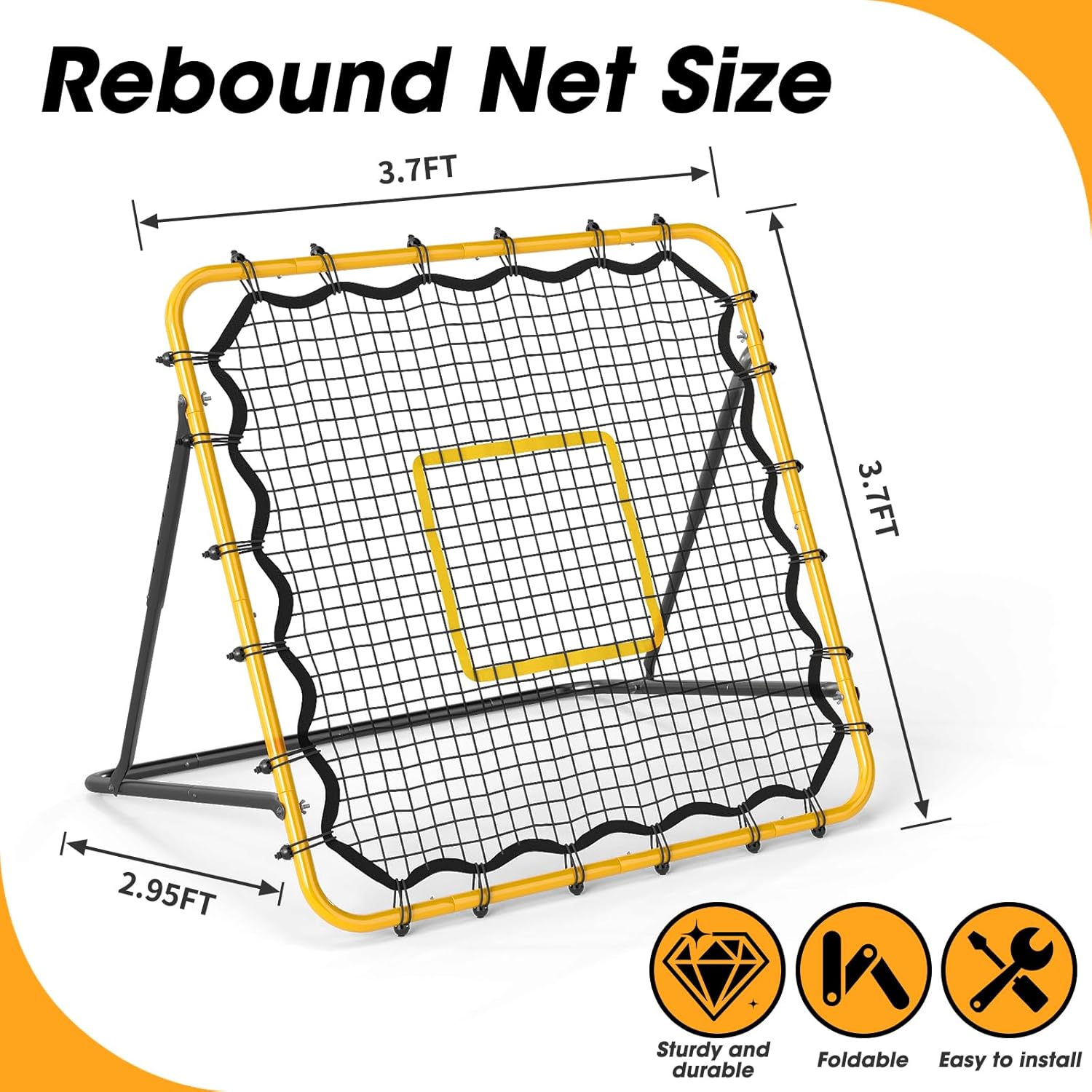 3.7 x 3.7 FT Rebound Net, with Pitching Target for Soccer, Baseball and Volleyball, Adjustable Pitching Rebound Net, Yellow