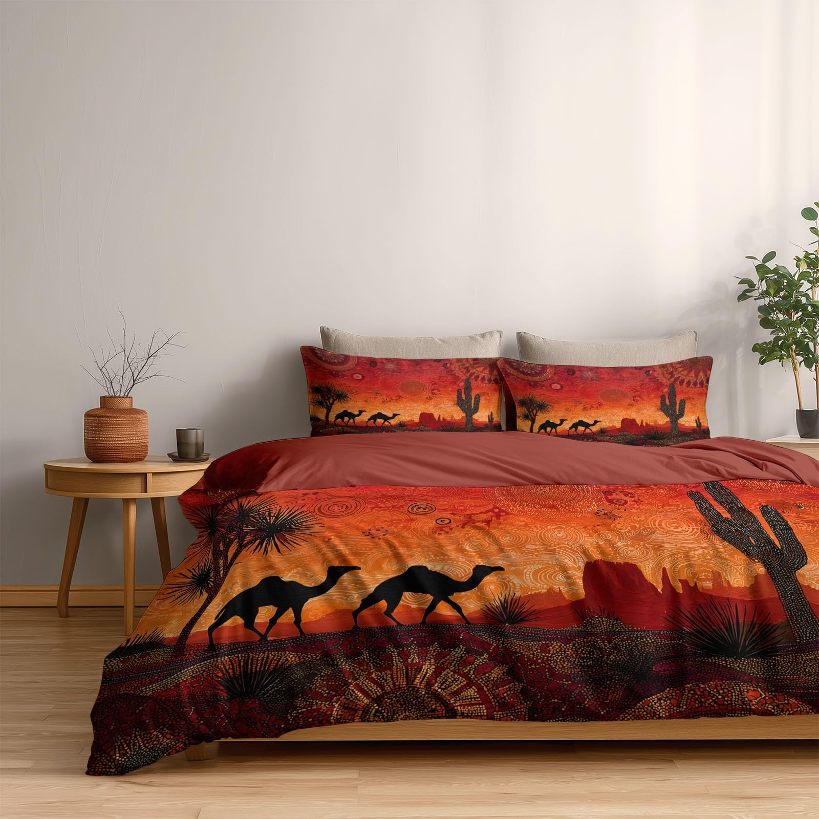 Generisch Boho Stil Kamel Kaktus Wüste Sternbilder 3-teiliges Bettwäsche-Set, 1 Bettbezug 240 x 220 cm und 2 Kissenbezüge 80 x 80 cm,aus bügelfreier Mikrofaser Ziegel