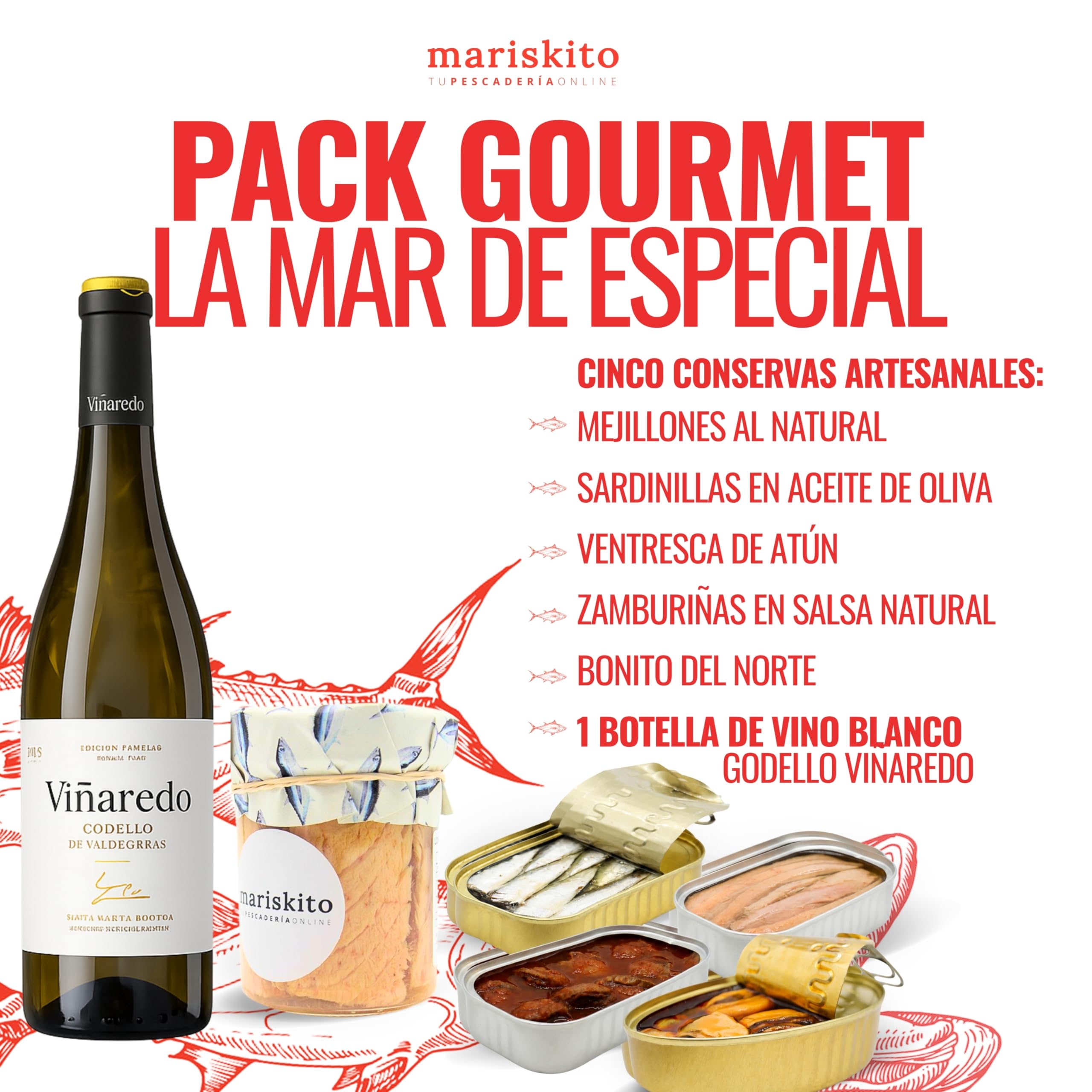 MARISKITO | Caja Regalo Gourmet - Vino Godello y 5 Conservas Gallegas – Pack Delicatessen con Mejillones, Sardinillas, Zamburiñas, Bonito y Ventresca de Atún – Lote Navidad, Empresas y Celebraciones