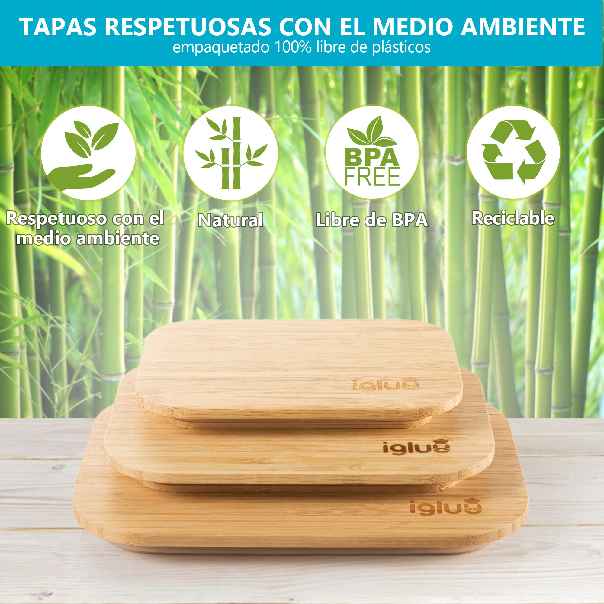 Igluu Meal Prep Recipientes de Cristal (Set de 3) – 370/640/1050ml | Tapa de Bambú, Sin BPA – Horno, Freidora de Aire, Microondas, Congelador y Lavavajillas – Vidrio de Borosilicato