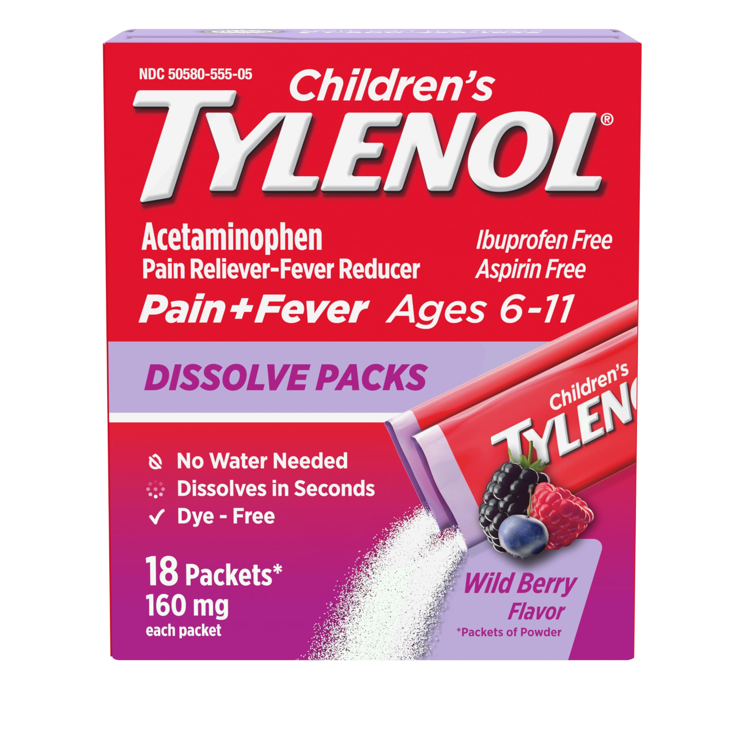 Children's Tylenol Dissolve Packs with 160 mg Acetaminophen Pain Reliever & Fever Reducer, Kids' Powder Packets for Cold & Flu Symptom Relief, Ibuprofen- & Dye-Free, Wild Berry, 18 ct