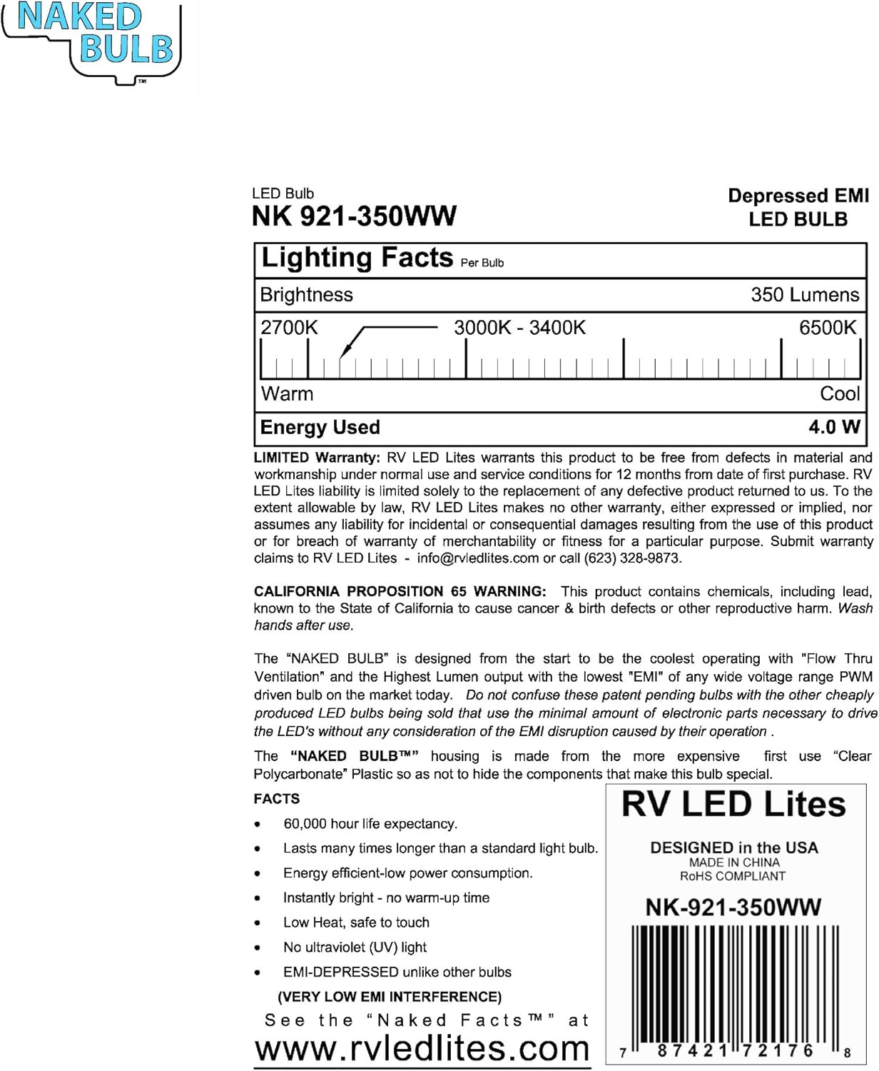 NK-921-350WW LED Replacement EMI Suppressed Vented Bulb, Wedge T5 Base – i.e. (921 Type), 350 Lumen 8-20Volts Warm White (8 Pack)