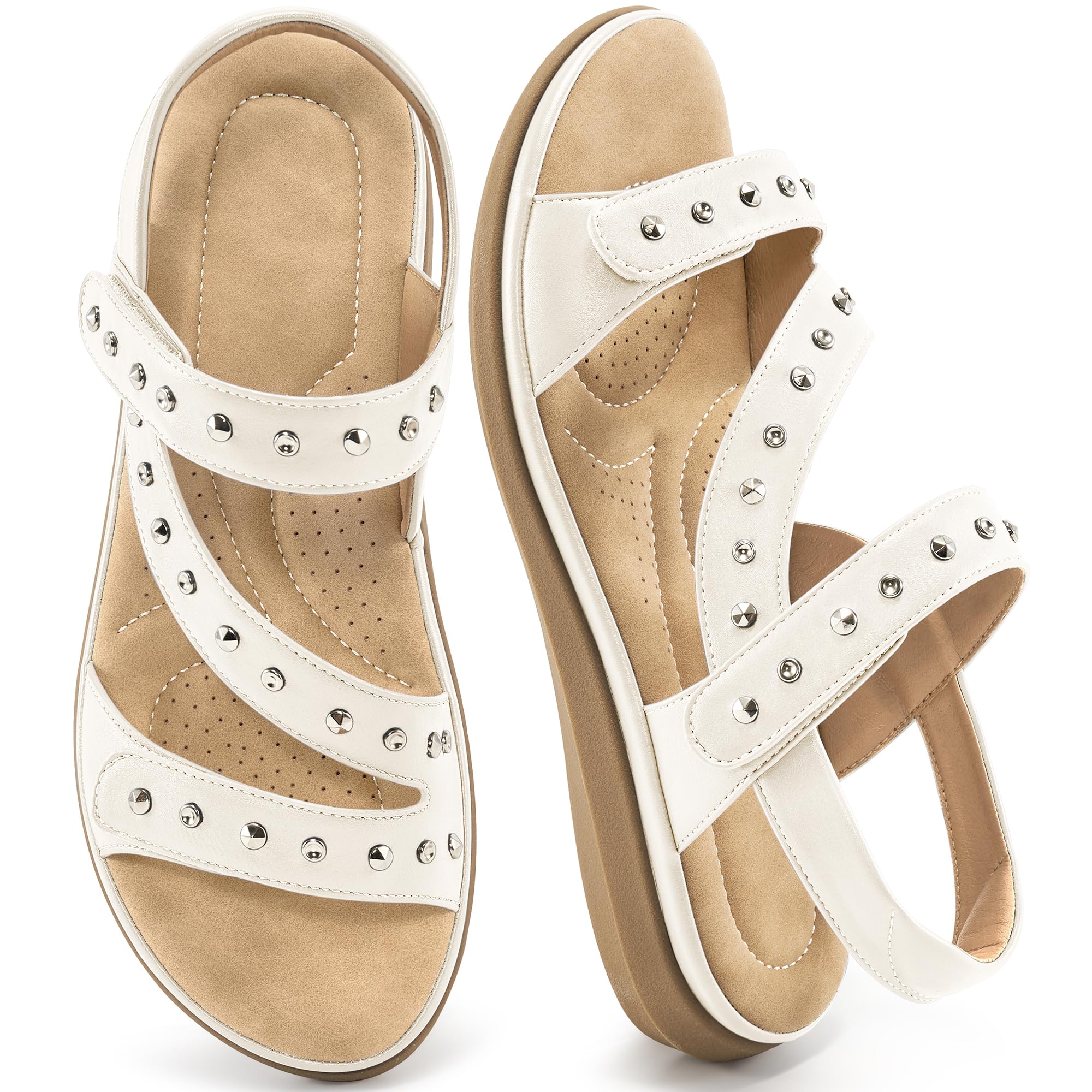 Almusen Womens Flats Sandals Dressy: Ladies Adjustable Walking Sandal Comfortable Orthopedic Shoes for Outdoor Hiking