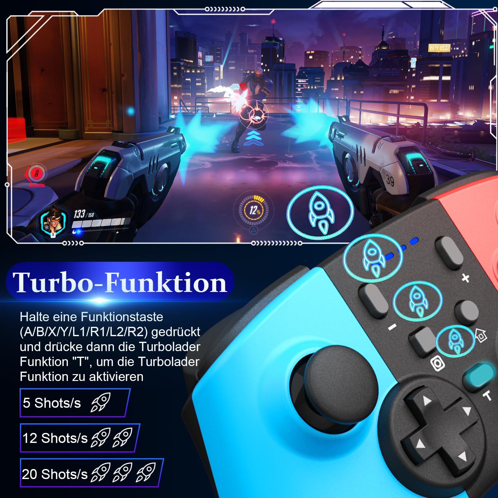 Gaaqii Switch Pro Controller Wireless Gamepad für Switch OLED/Lite/PC mit Aufwachen, 6-Achsen Gyroskop, Doppelmotor, Turbo und Screenshot