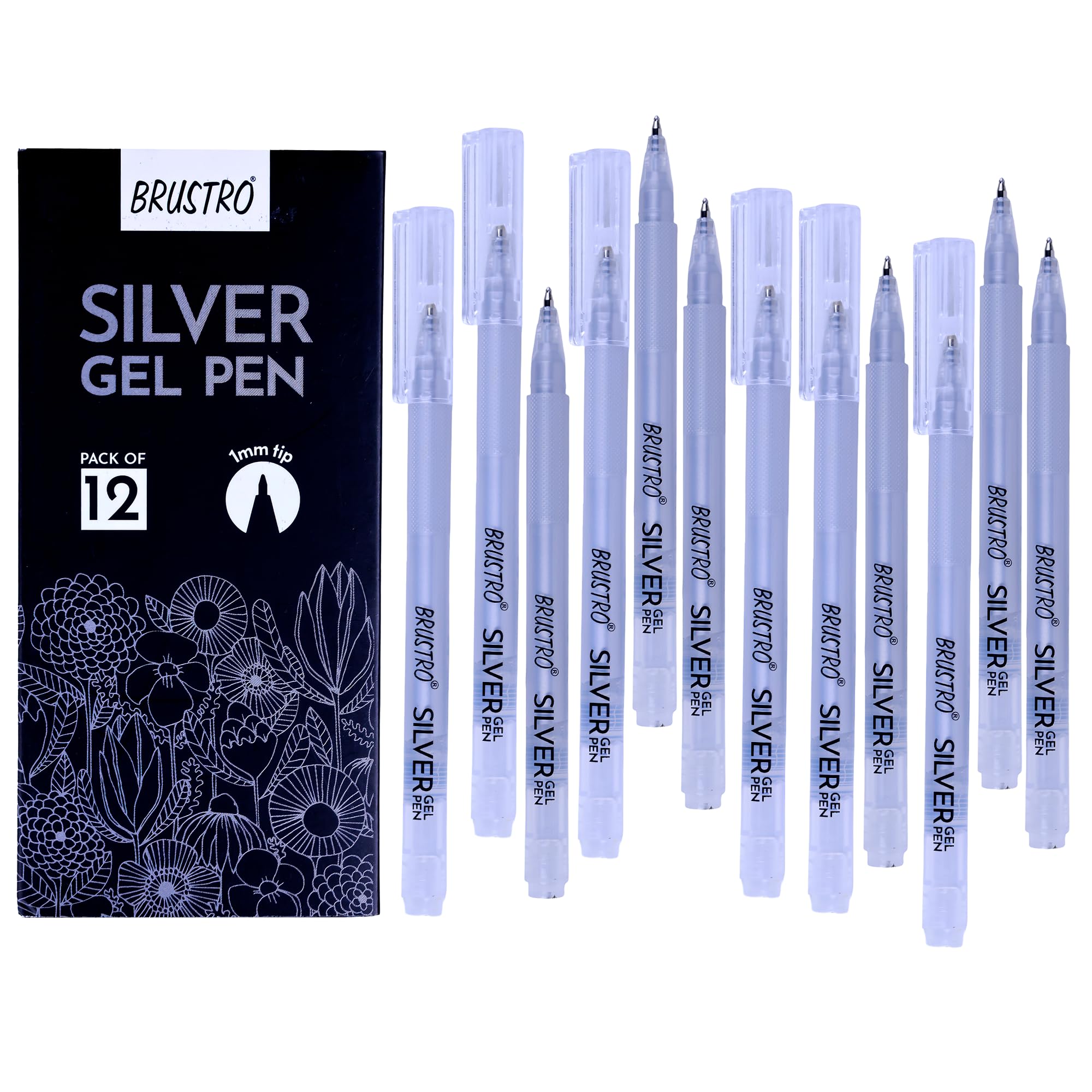 BRUSTRO Silver Gel Pen|Pack of 12-1mm Metal Tip,Opaque and Viscous Ink|Ideal For Drawing,Writing,Highlighting,Doodling,Scrapbooking,Mandala Art,Illustration,Fine Art Students and Professionals