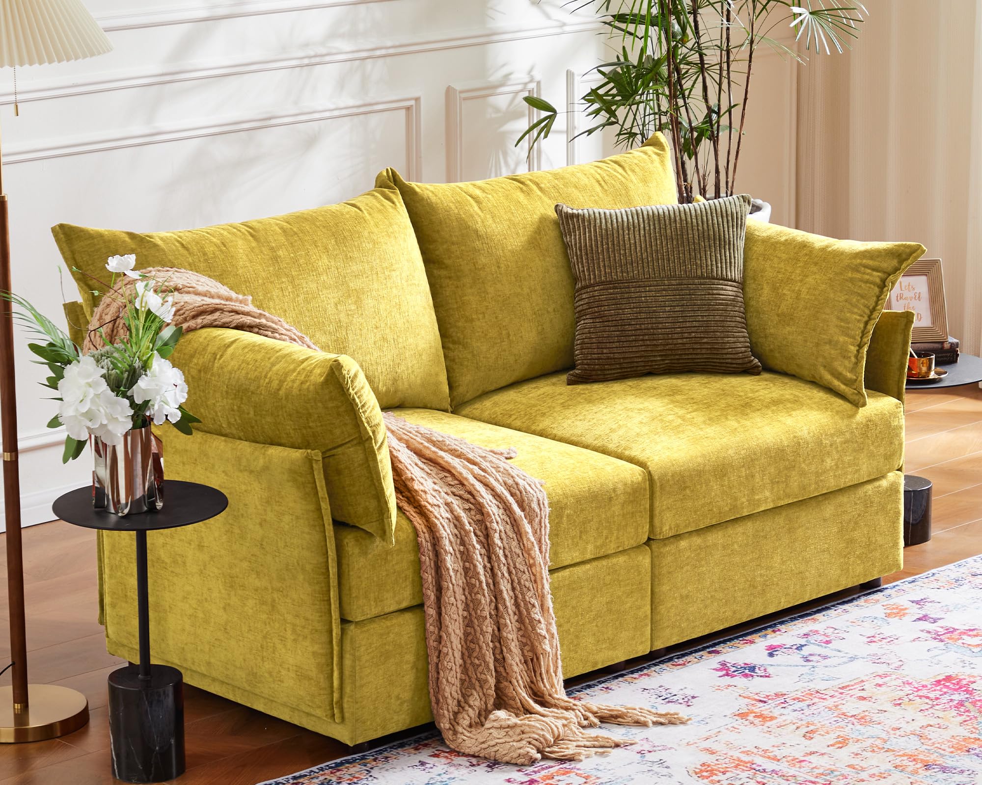 ABCASA Oversized Loveseat Sofa, Modern Modular Sectional Couch Yellow Fluffy Chenille Mid Century 2-Seat 24.5" Deep Seat for Apartment, Living Room,