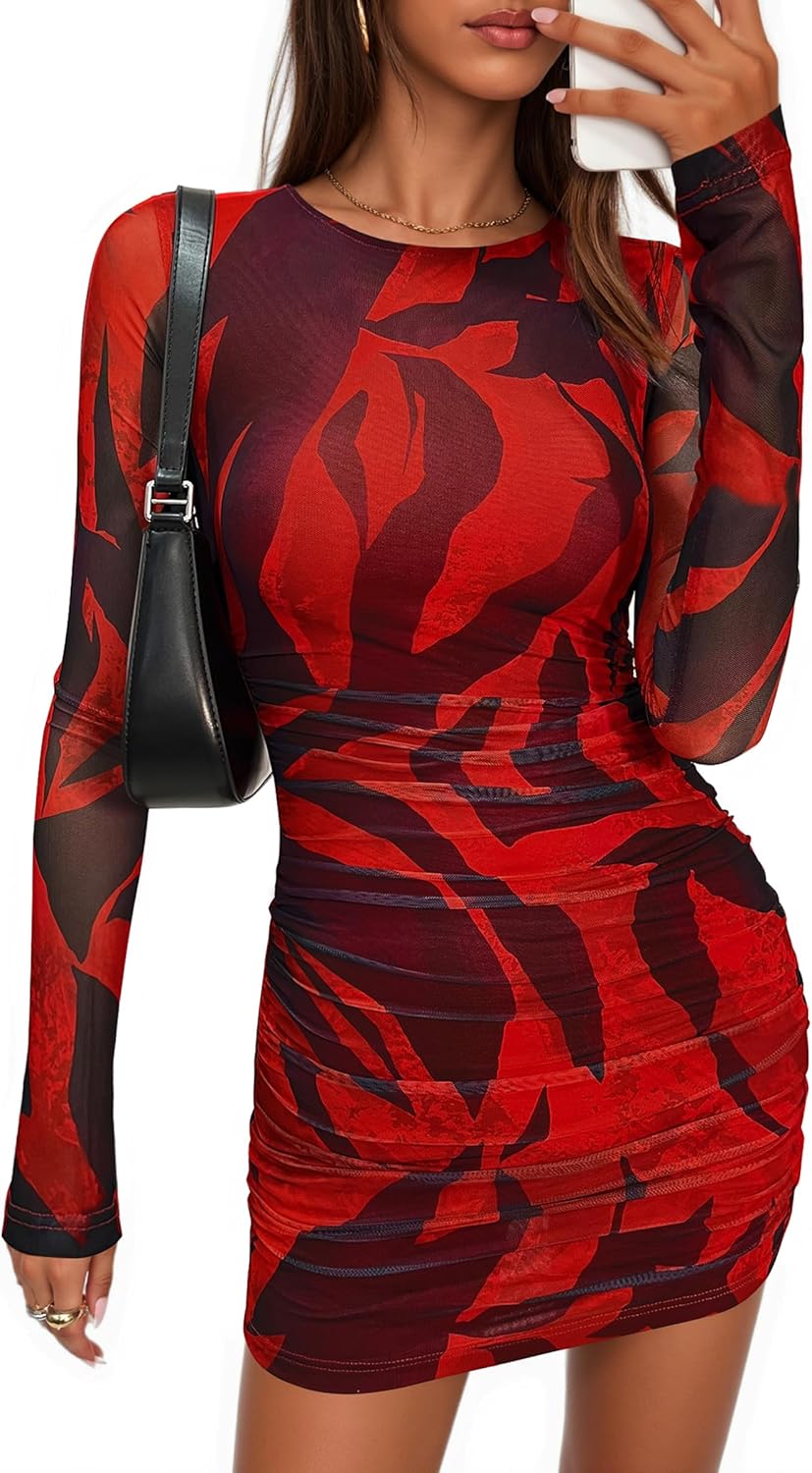 PRETTYGARDEN Women Long Sleeve Mini Dress Spring 2026 Tie Dye Print Bodycon Cocktail Party Club Outfits Homecoming Dresses