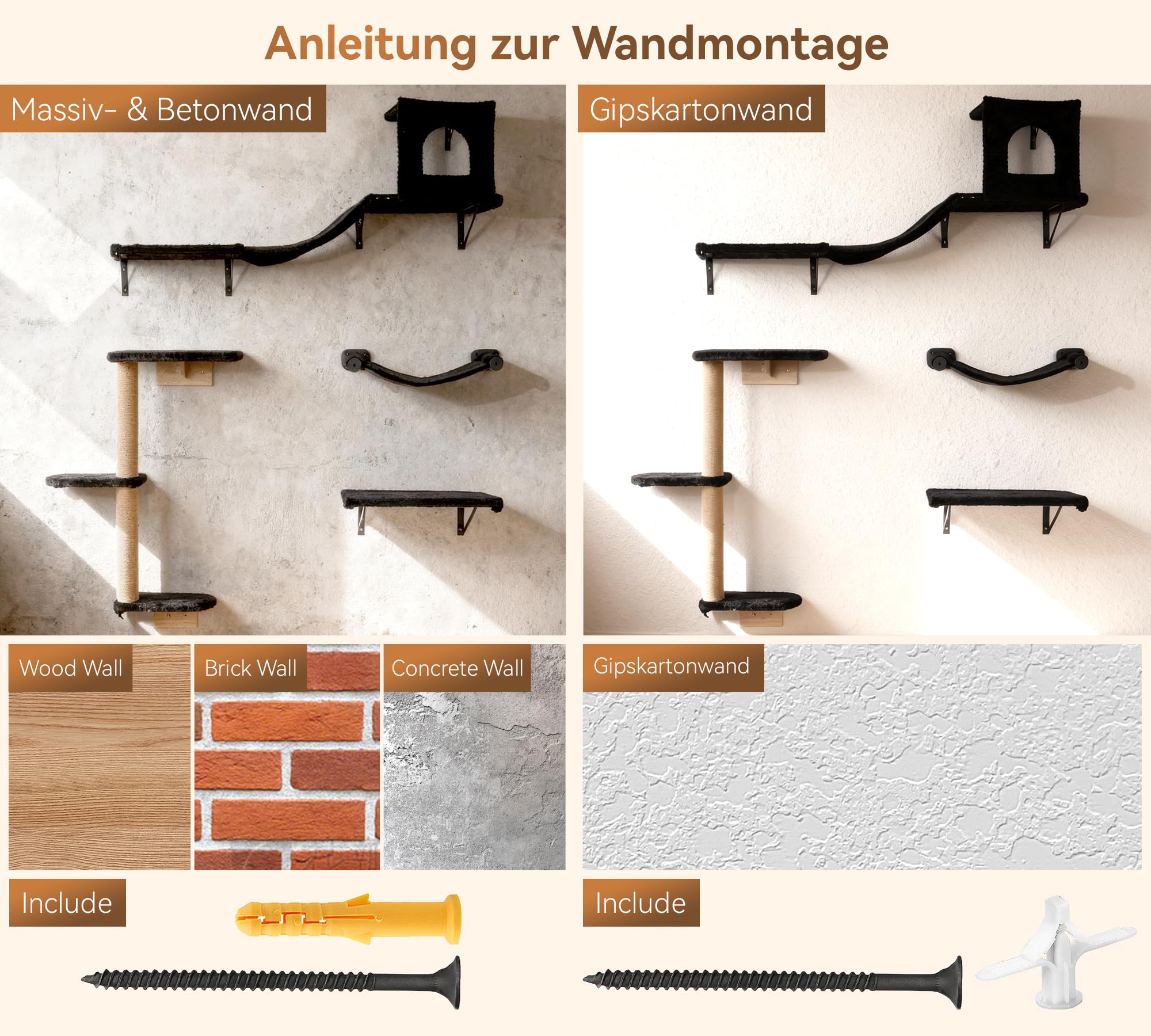 4-teiliges Katzen Wandmöbel Set, Hängematte mit Kratzsäule | Katzen Wandmöbel, mit Hängematte, Katzenbrücke, Liegefläche und Sisal Kratzsäule, stabile Wandmontage, belastbar 13,6kg