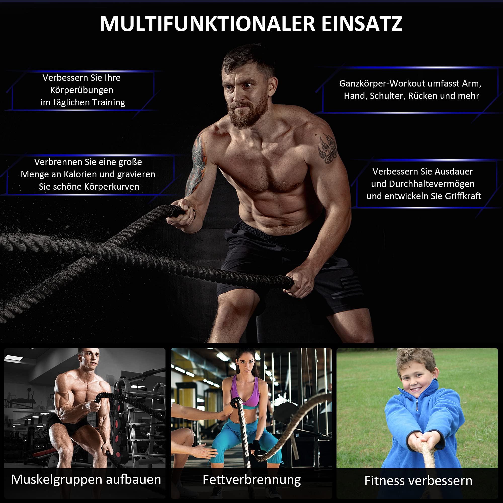 HOMCOM Battle Rope Ø38mm x 9 m Trainingsseil Fitnessseil Schlachtseil für Kraftausdauer & Muskelaufbau Schwarz+Gelb