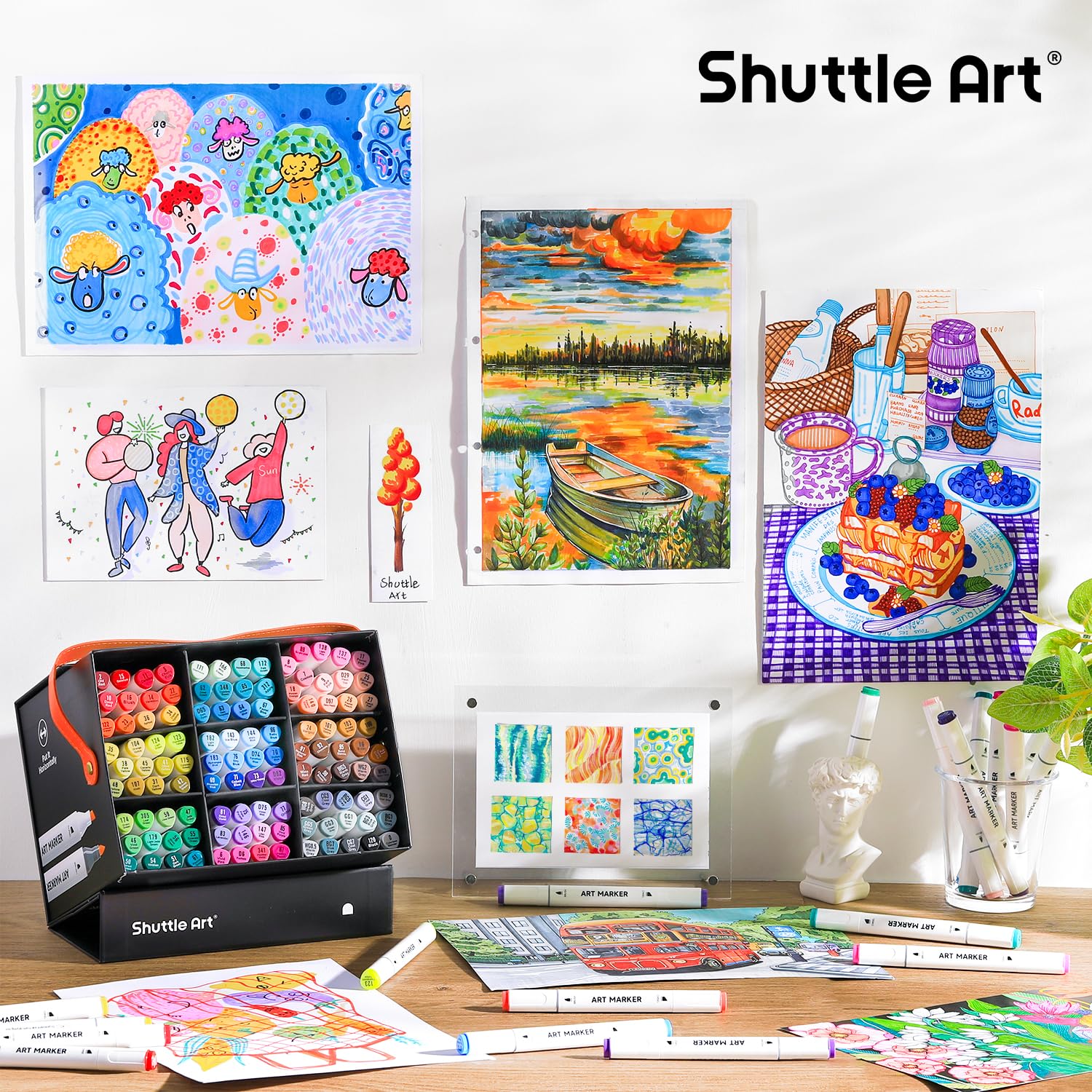 Shuttle Art Alkohol-Marker mit Pinselspitze, Doppelspitze, Pinsel und Keilspitze, Kunst-Marker-Set, 121 Farben, Marker mit organisierter Hülle, perfekt für Illustrationen, Kinder, Studenten