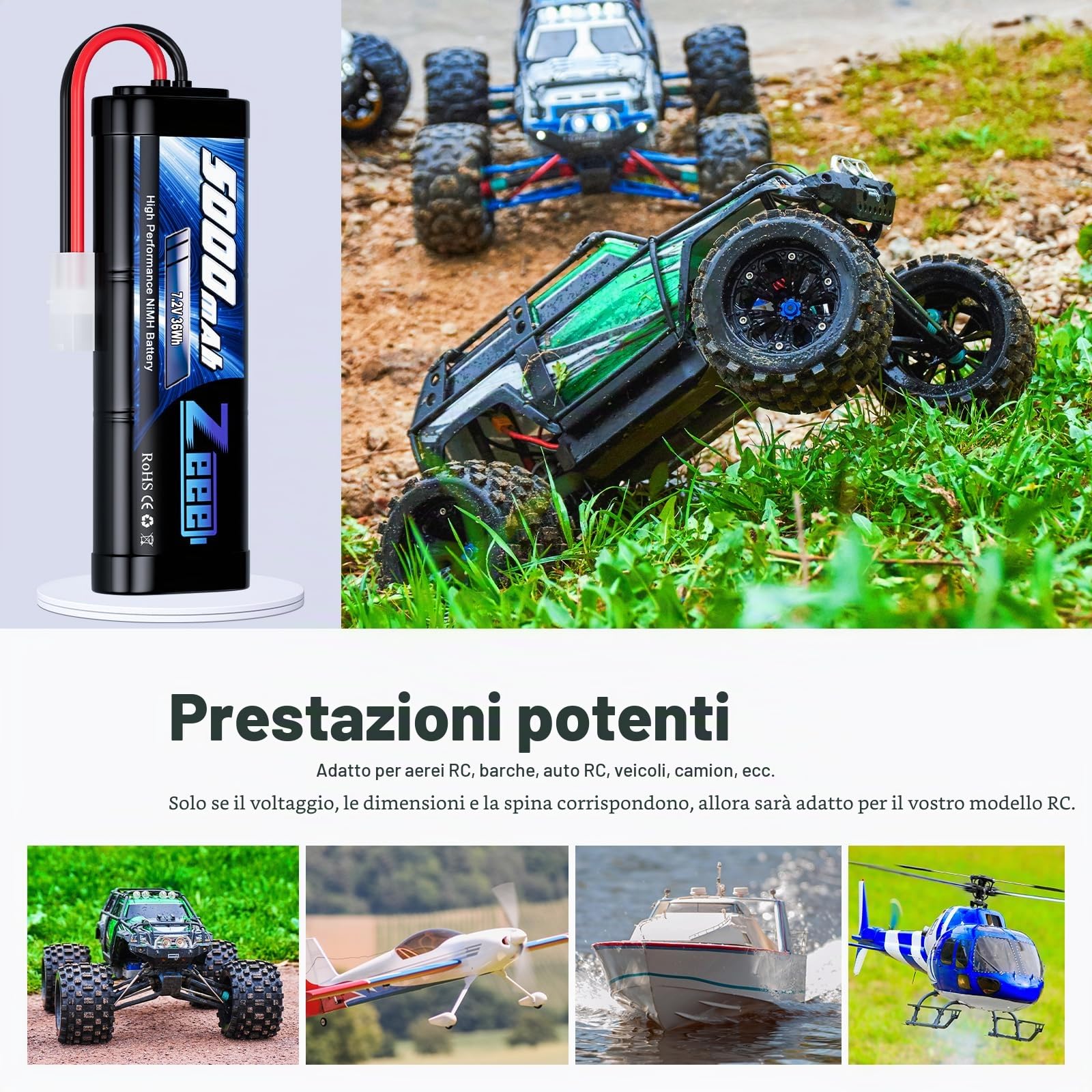 Zeee 7,2V 5000mAh RC NiMH Batteria con TAMIYA plug (2 pezzi) | Batteria RC per HPI losi kyosho Tamiya camioncino