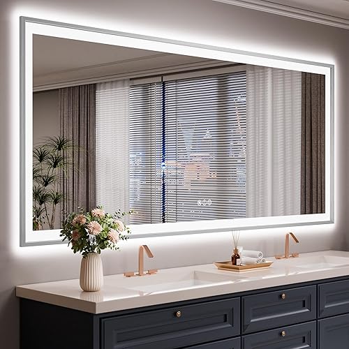 Miniatura 22 de Espejo de baño LED de 20x28 pulgadas con marco negro, espejos de baño retroiluminados y con luz frontal para pared, antiempañamiento, regulable, con