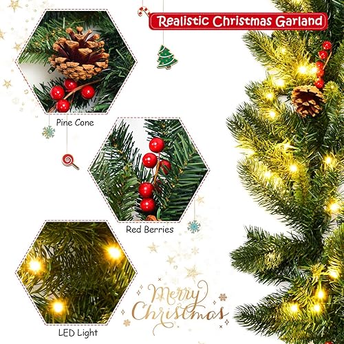 Miniatura 4 de Goplus Guirnalda de Navidad preiluminada de 9 pies con 100 luces LED, temporizador, conos de pino y bayas rojas, para fiestas de boda y festividades