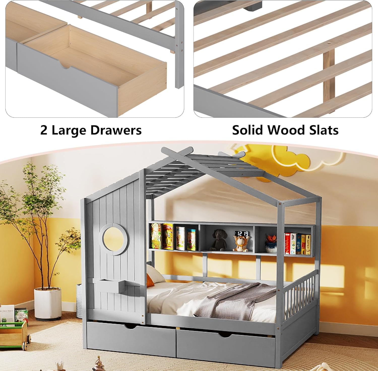 Aoowow Twin Size House Bed with Storage Shelves and Drawers, Wood Platform Kids House Bed with Window and Roof for Bedroom, Twin Playhouse Bed Frames for Boys Girls, Can be Decorated, Grey