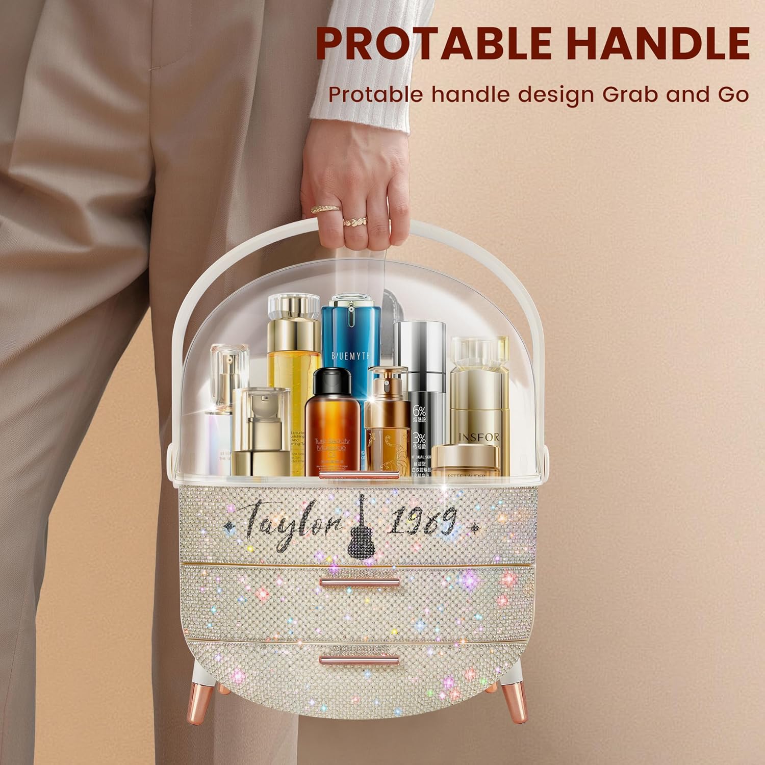 Bling Makeup Organizer for Teen Girl Gift,Hollywood Vanity Makeup Storage Box for Girl Birthday Gift,Practical Gift for Daughter,Bathroom Organizer,Skincare Organizer (Rhinestone Taylor)