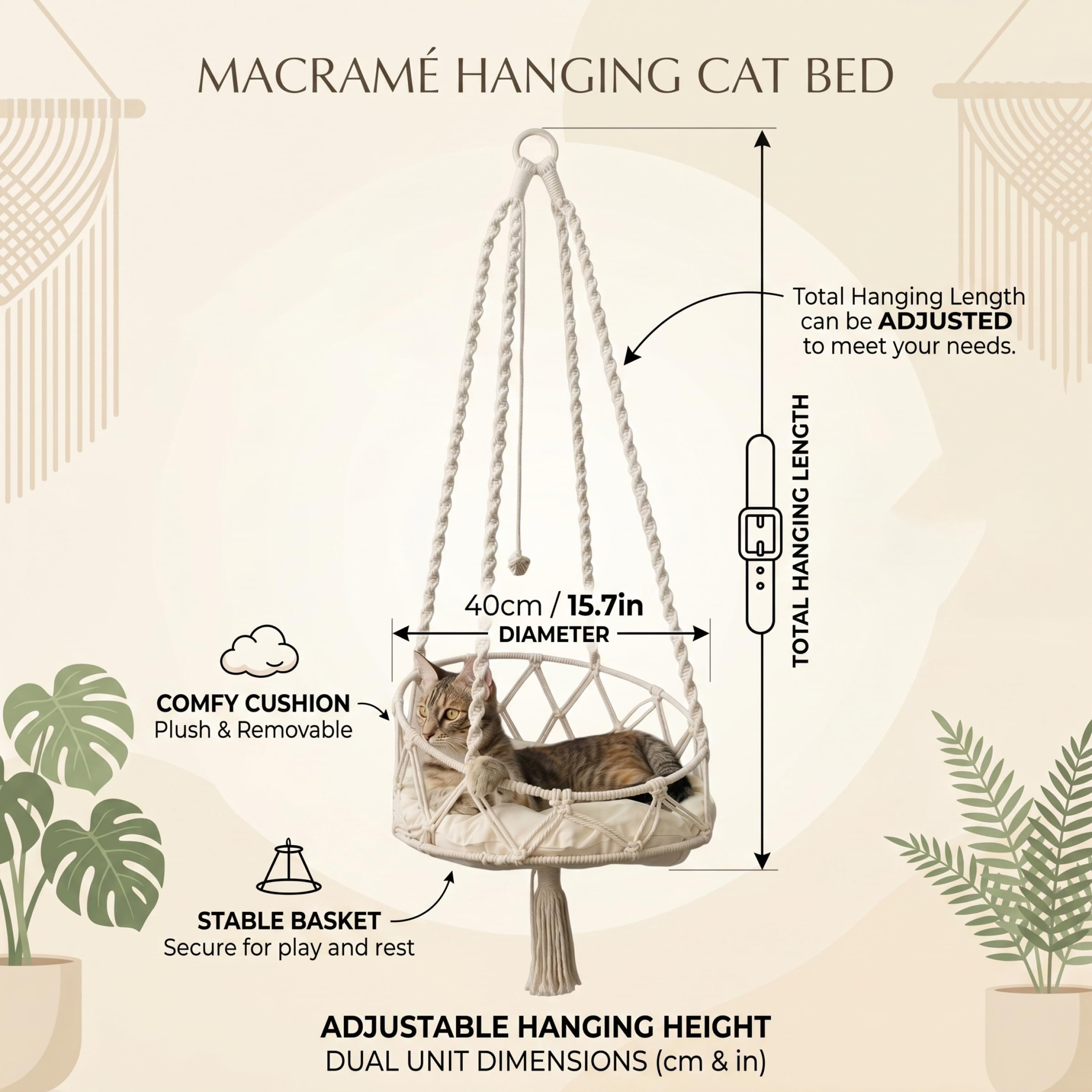 Hängendes Katzenbett, hängende Katzenhängematte, handgewebte Schaukel mit weichem Kissen und Bommel für drinnen und draußen, weiß, Hängematte für Fenster